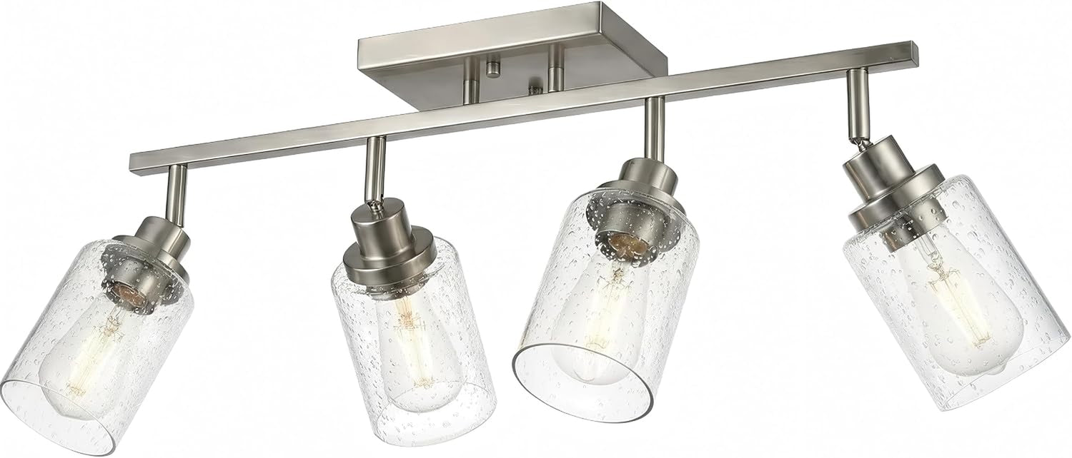Brushed nickel four-light section with two central shades pointing down and outer heads tilted outward
