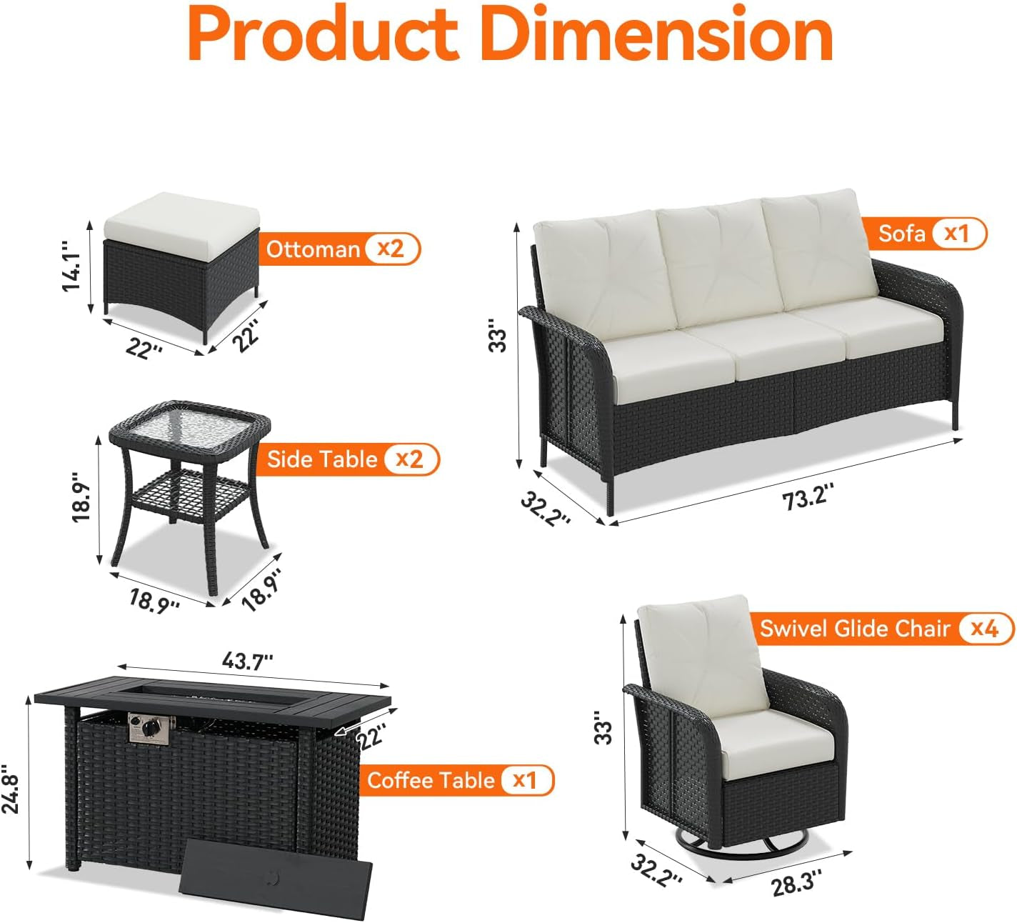 Illustrated product layout showing sofa, swivel chairs, ottomans, tables with measurements