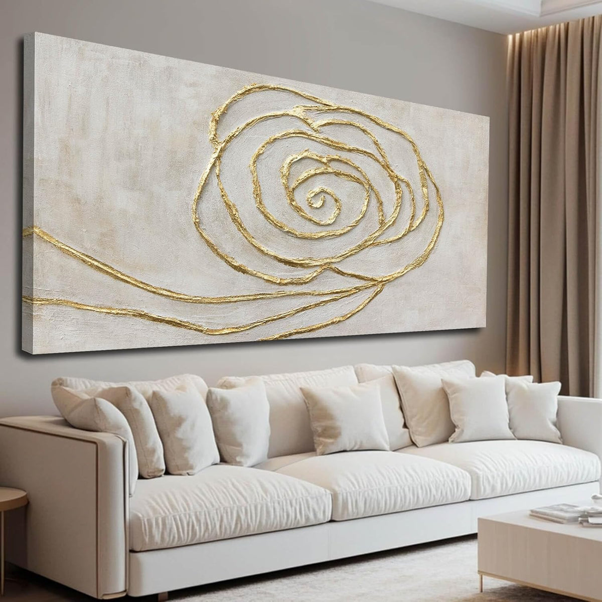 Beige textured canvas with raised gold spiral lines displayed above a cream sofa with multiple pillows
