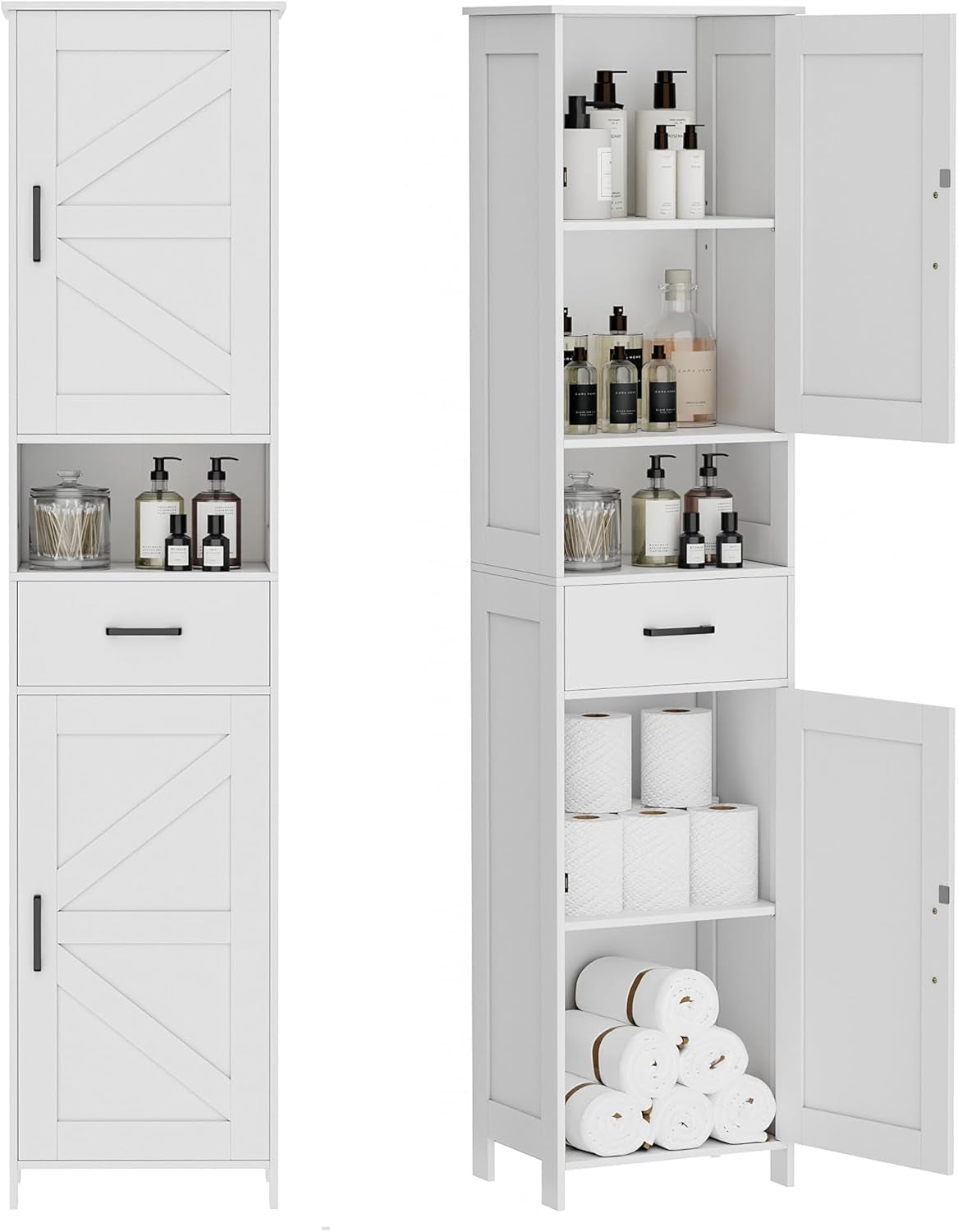 White tall bathroom storage cabinet front view and side view with doors open showing shelves and drawer