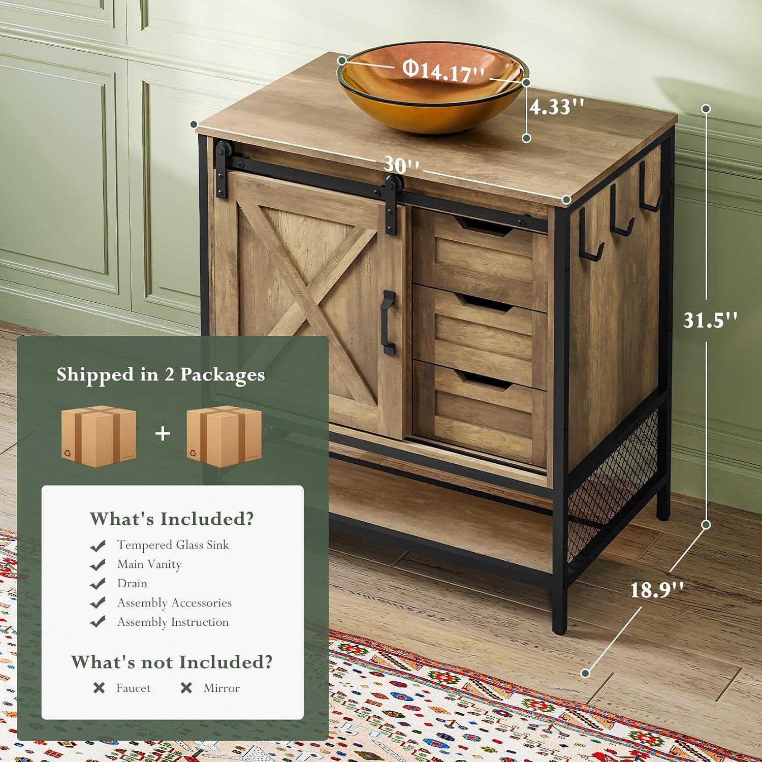 Vanity shown from front with overlayed measurement lines and a vessel sink on top to indicate size and layout.