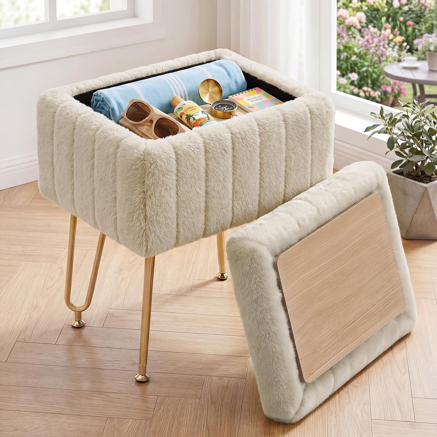 Cream faux-fur storage stool in a bright room, lid off to reveal interior and wooden underside panel