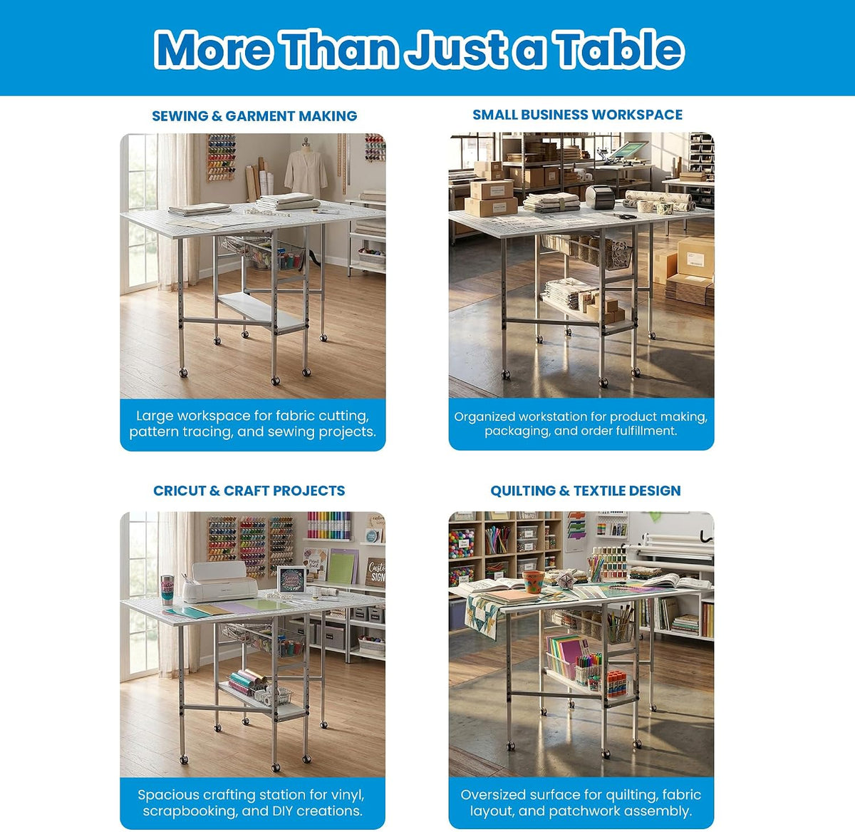 Four lifestyle scenes showing the table used for sewing, small business packaging, Cricut/craft projects and quilting