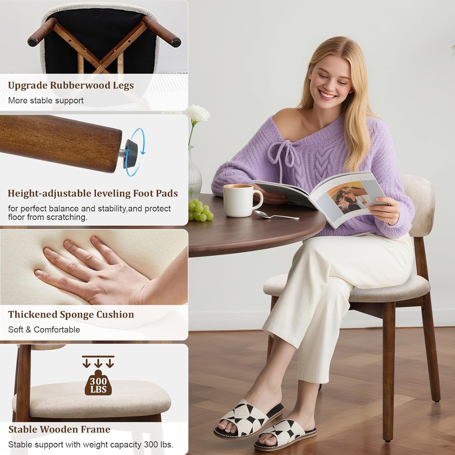 Woman seated on a beige chair beside insets of the underside, leveling foot, cushion and frame.