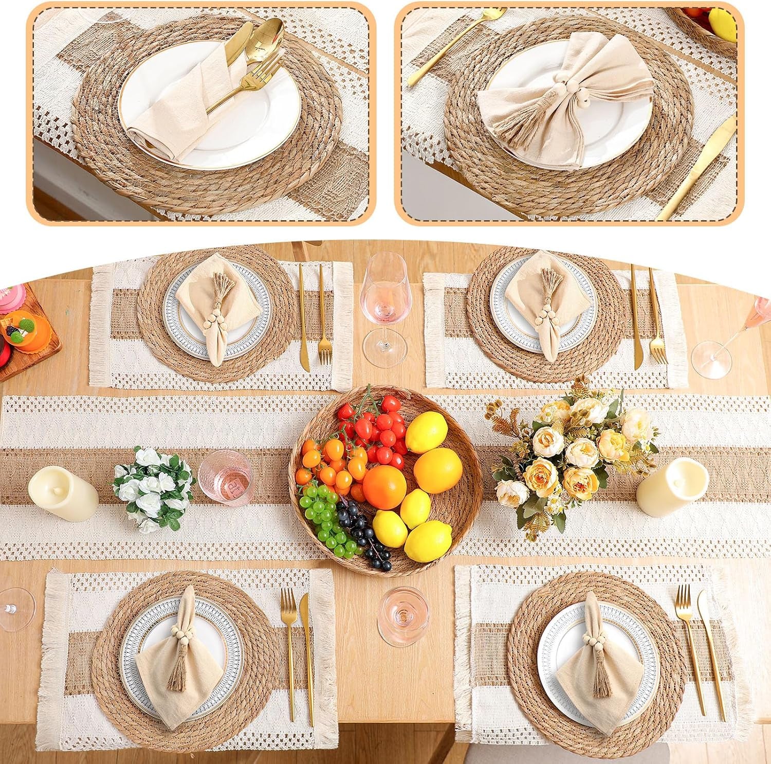 Top-down dining table scene with four place settings, round woven placemats and rattan basket centerpiece