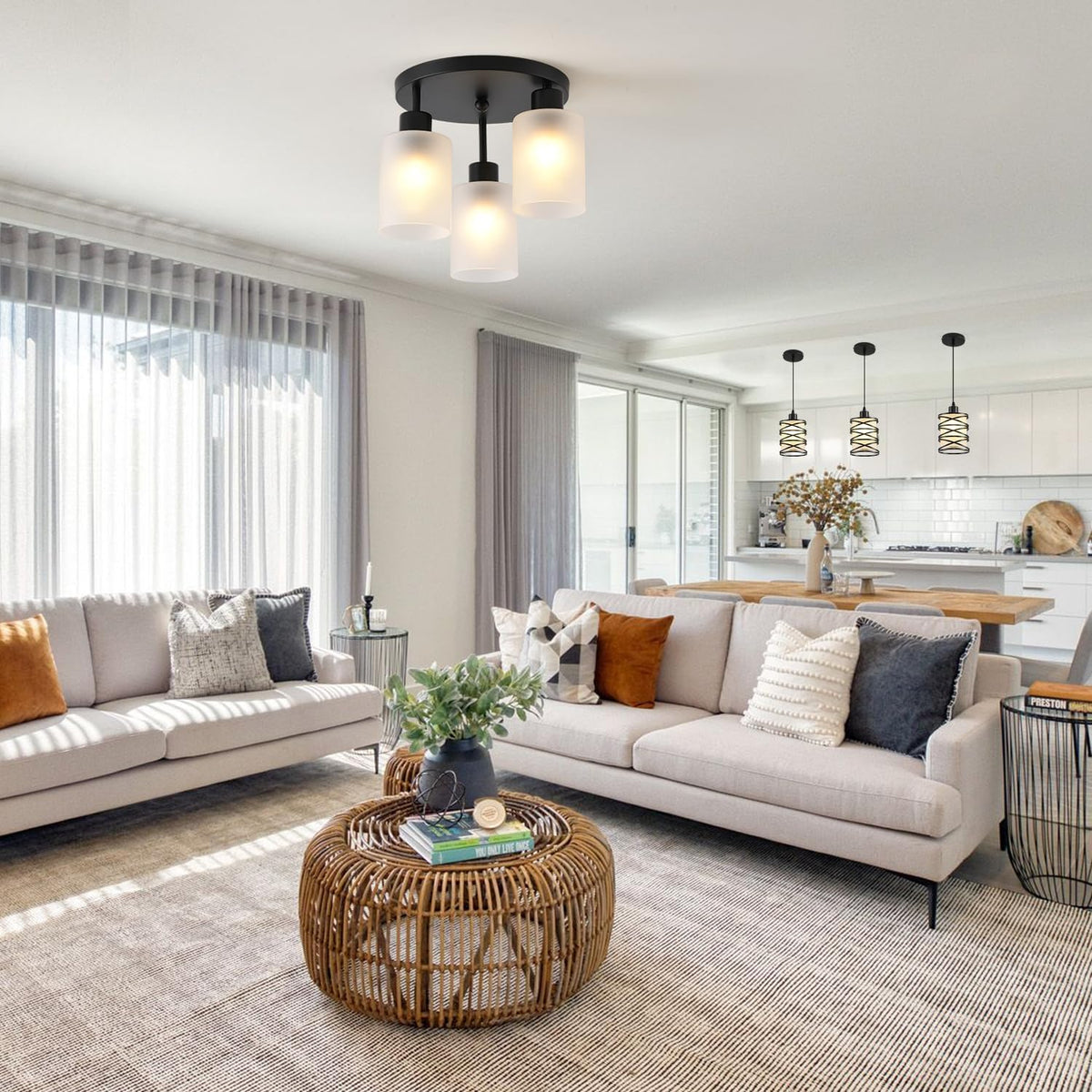 Wide living room scene showing the three-light semi-flush ceiling fixture installed over the seating area