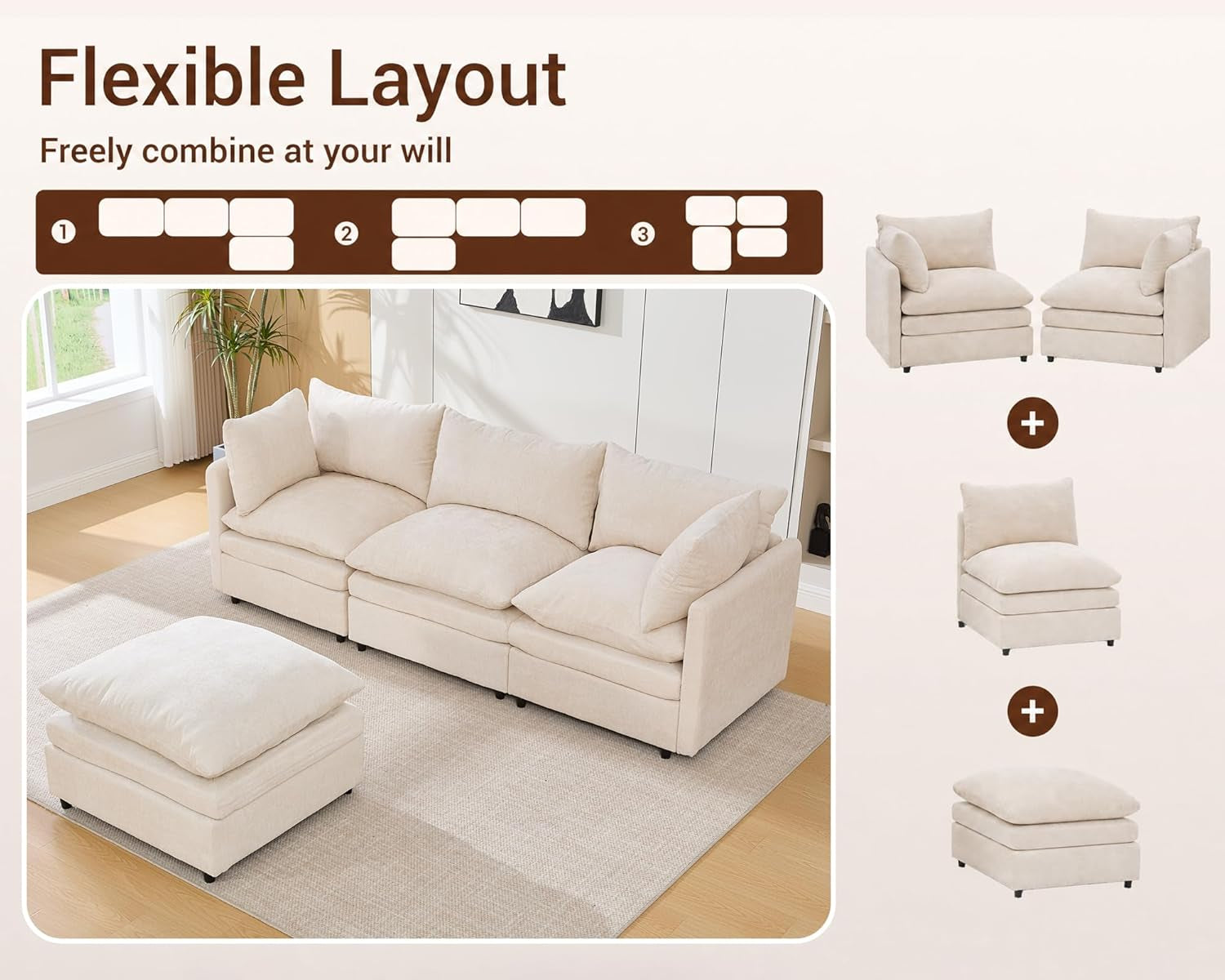 Flexible-layout graphic showing cream sofa modules, an ottoman and three arrangement diagrams.