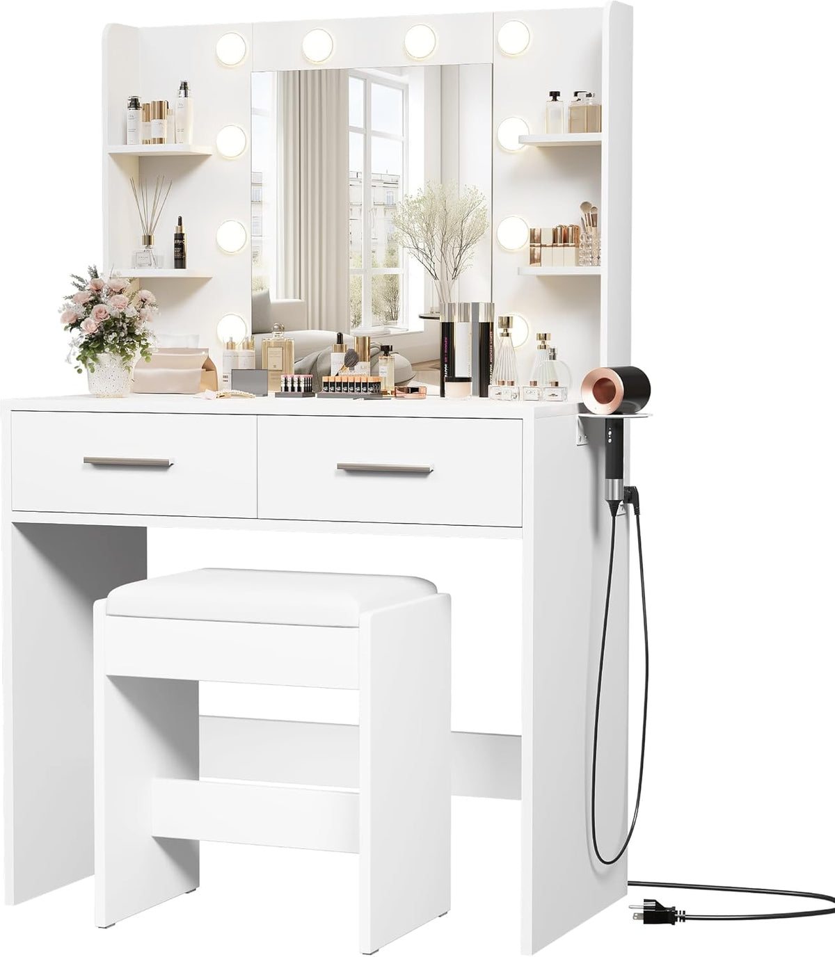 White vanity and padded bench angled front view showing two drawers and hair-dryer mounted on side.