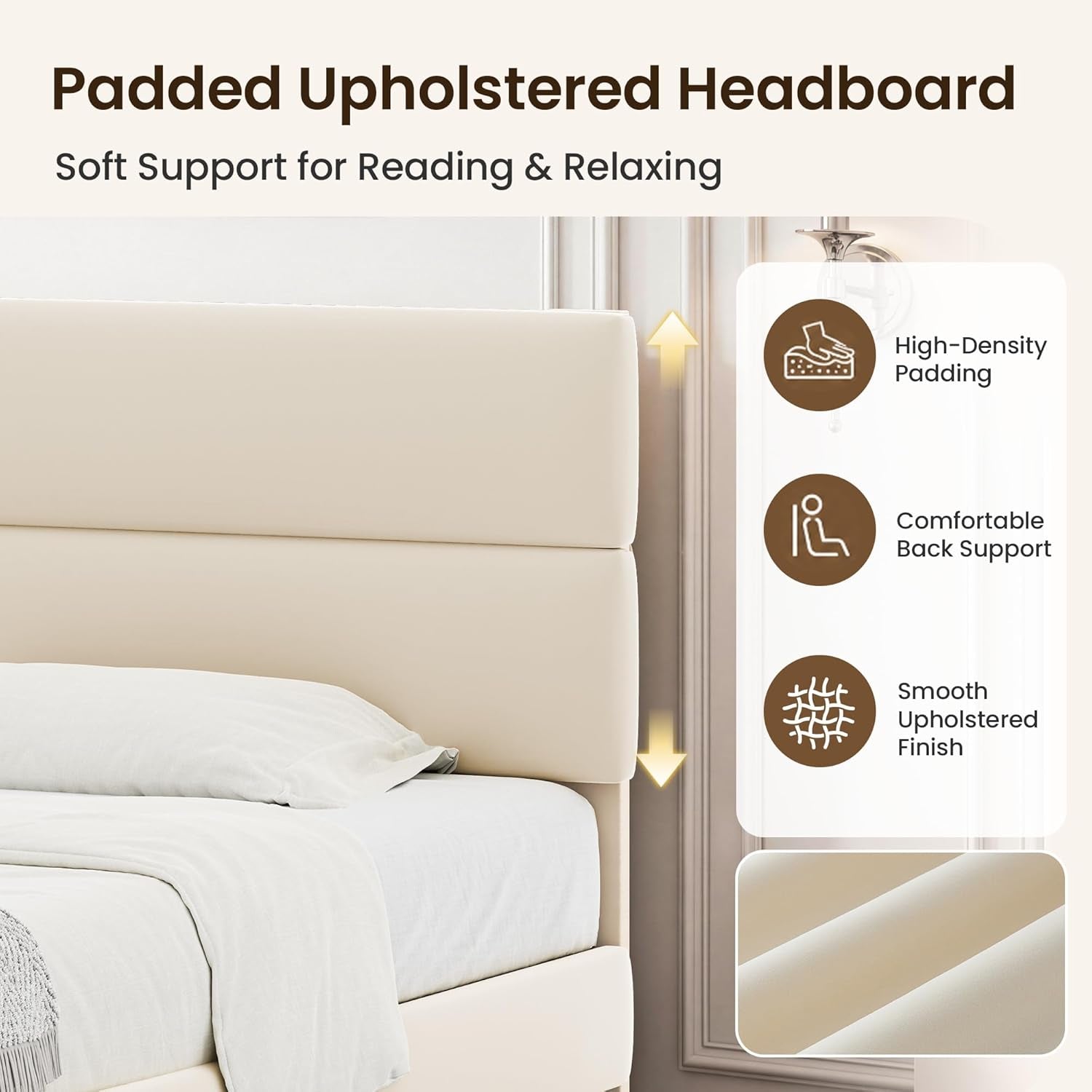 Headboard feature infographic with a cream two-panel headboard and upholstery close-up.