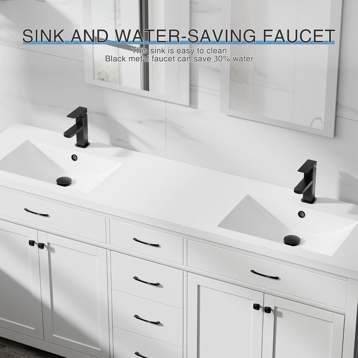 Close-up of double integrated sinks and two matte-black single-handle faucets on a white vanity top