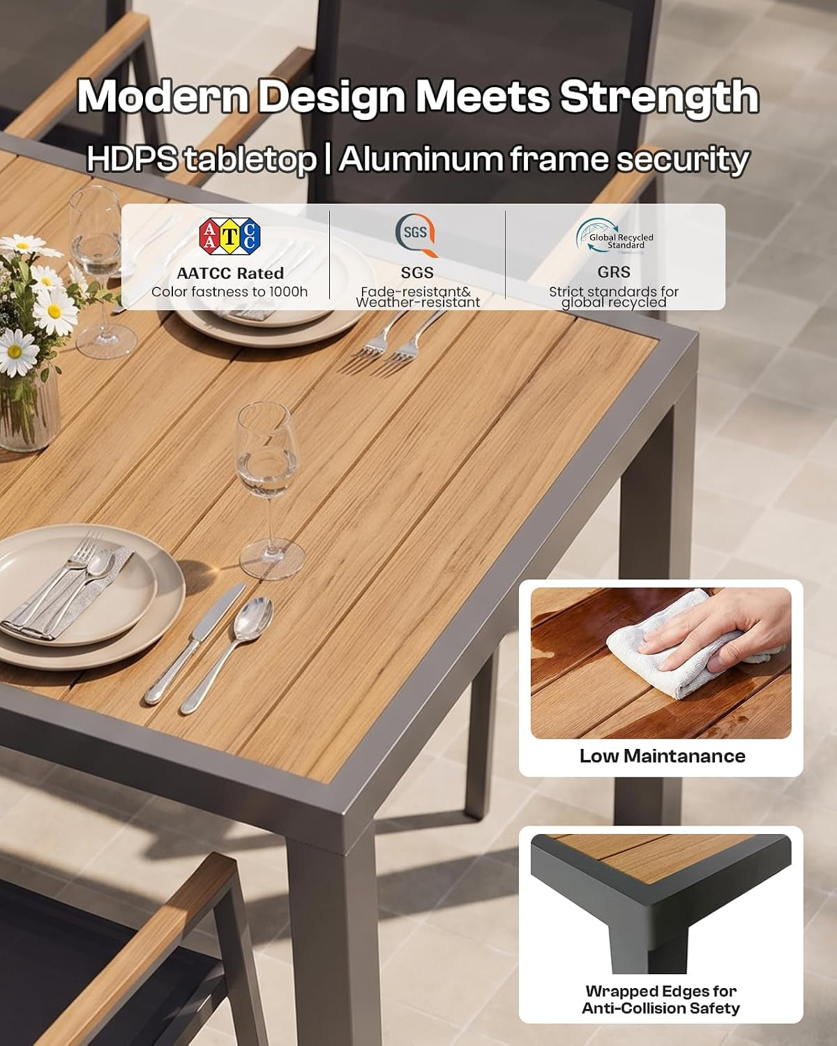Close-up of HDPS faux-wood tabletop surface and aluminum frame corner with wrapped edge detail