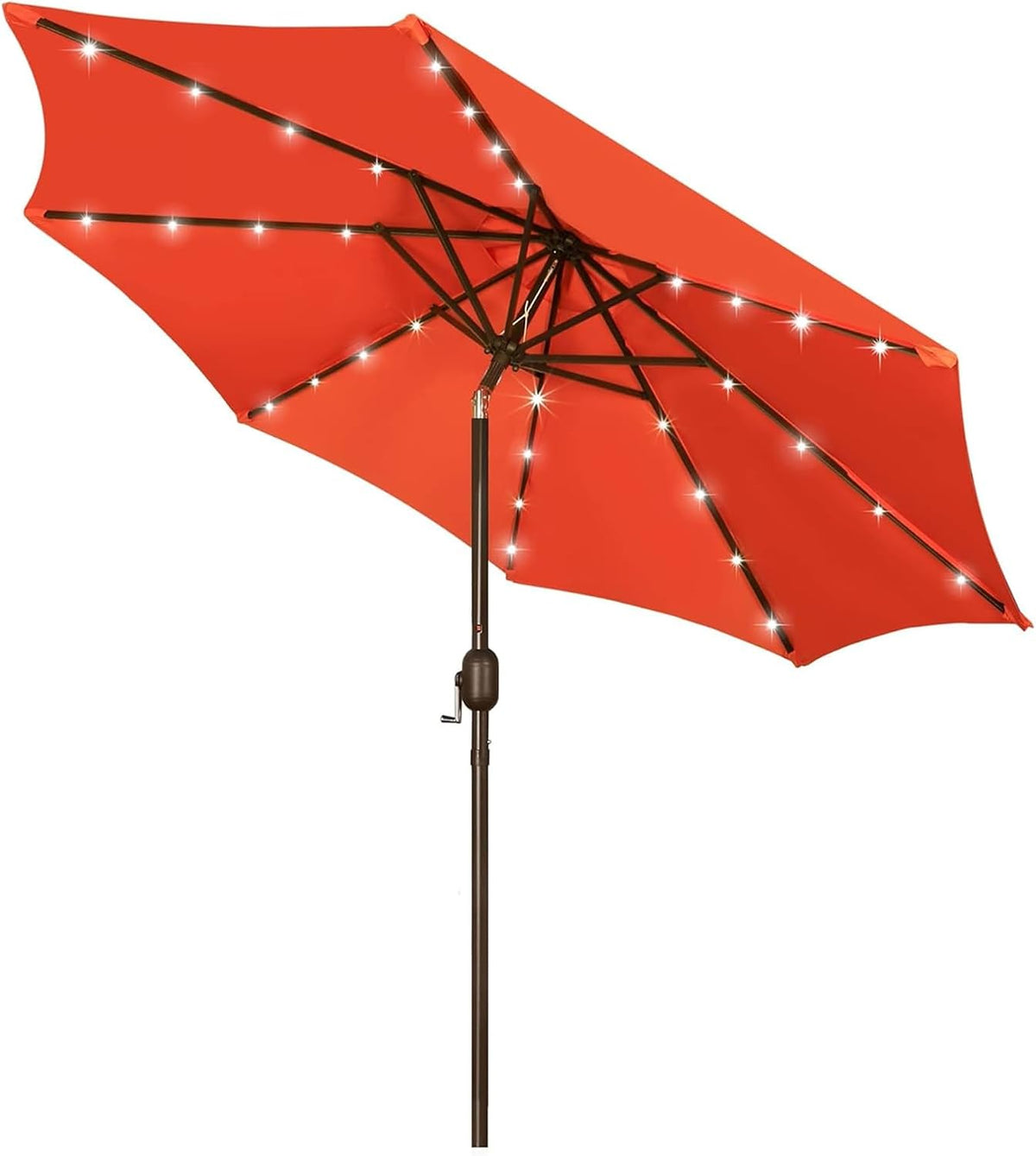 Open red patio umbrella viewed from below with bright LED lights along ribs and a visible crank mechanism on the pole.