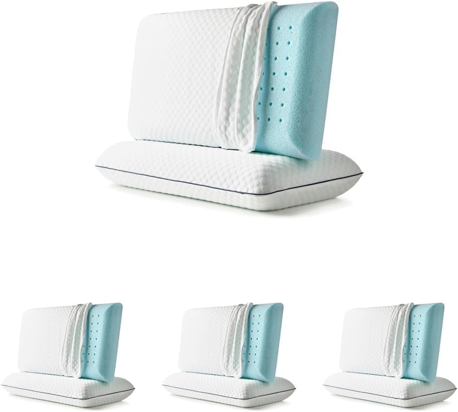 One pillow propped vertically against another to reveal the foam edge and the folded-back textured cover.