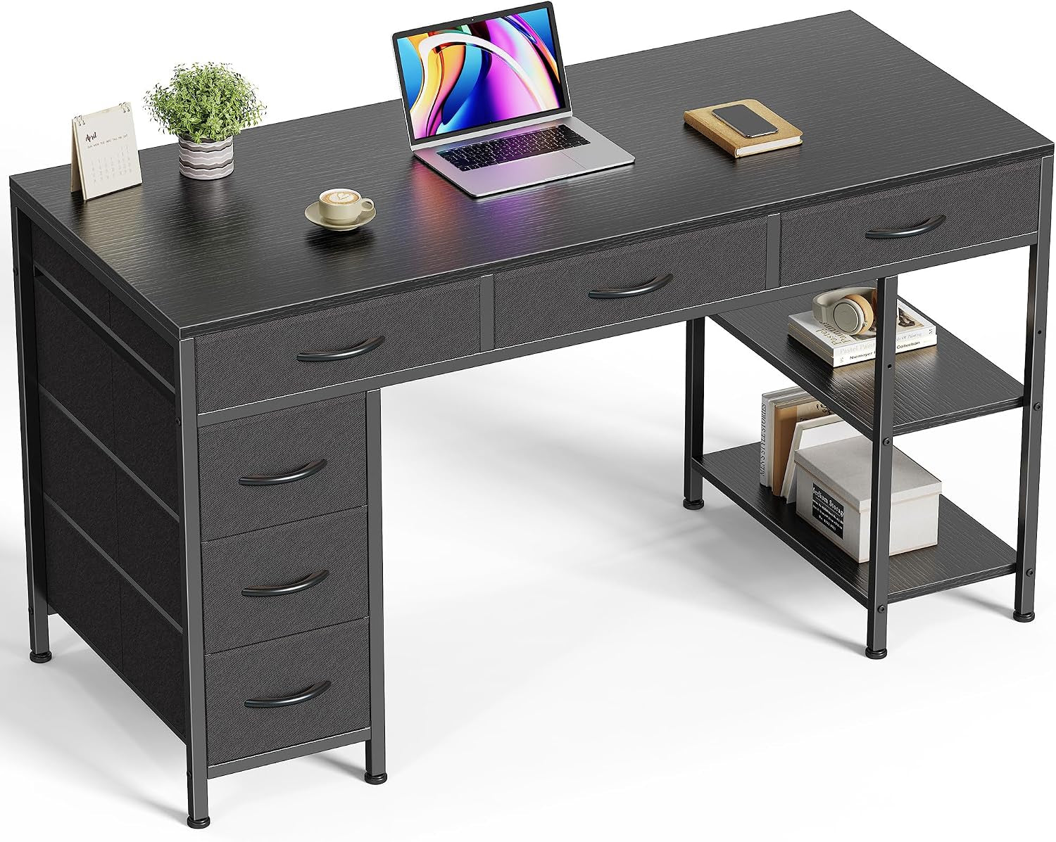 Angled view of the desk in black finish with matching black handles and two open shelves holding books and a box