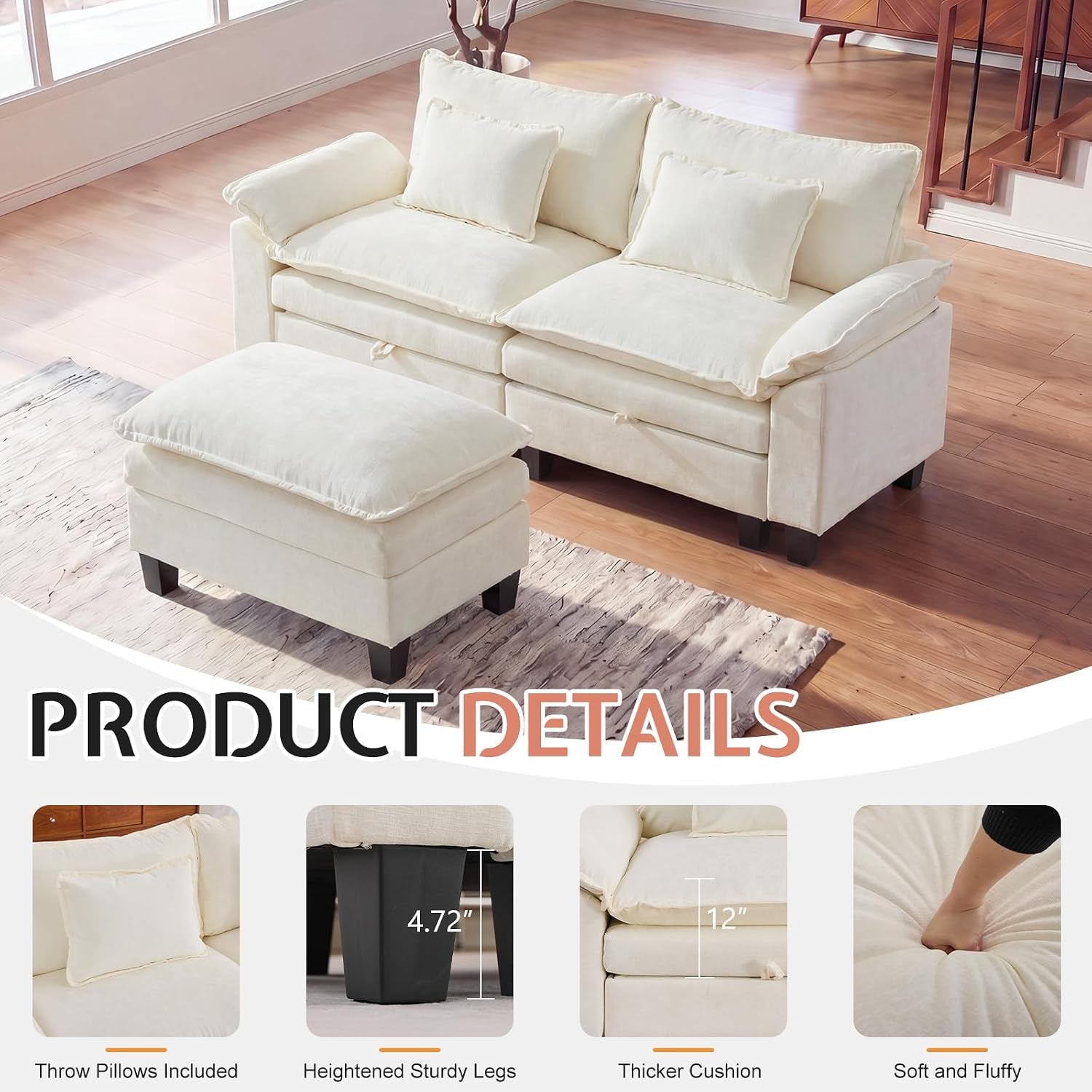 Cream two-seat sectional with a matching moveable ottoman placed on a rug in a bright room.