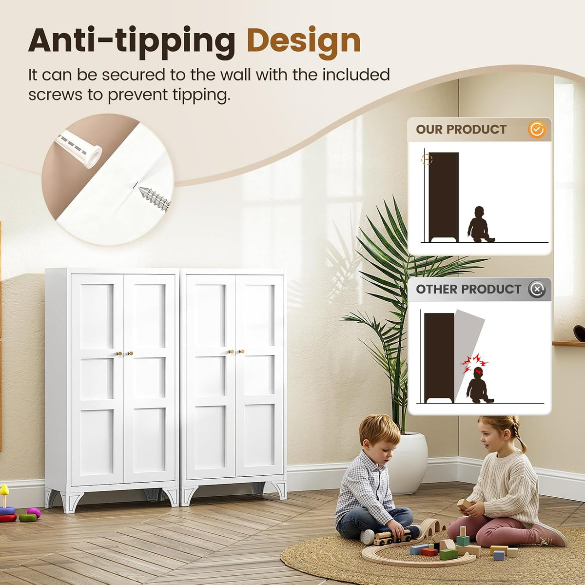 Two white tall storage cabinets side by side in a bright playroom with children on a rug and anti-tipping illustration