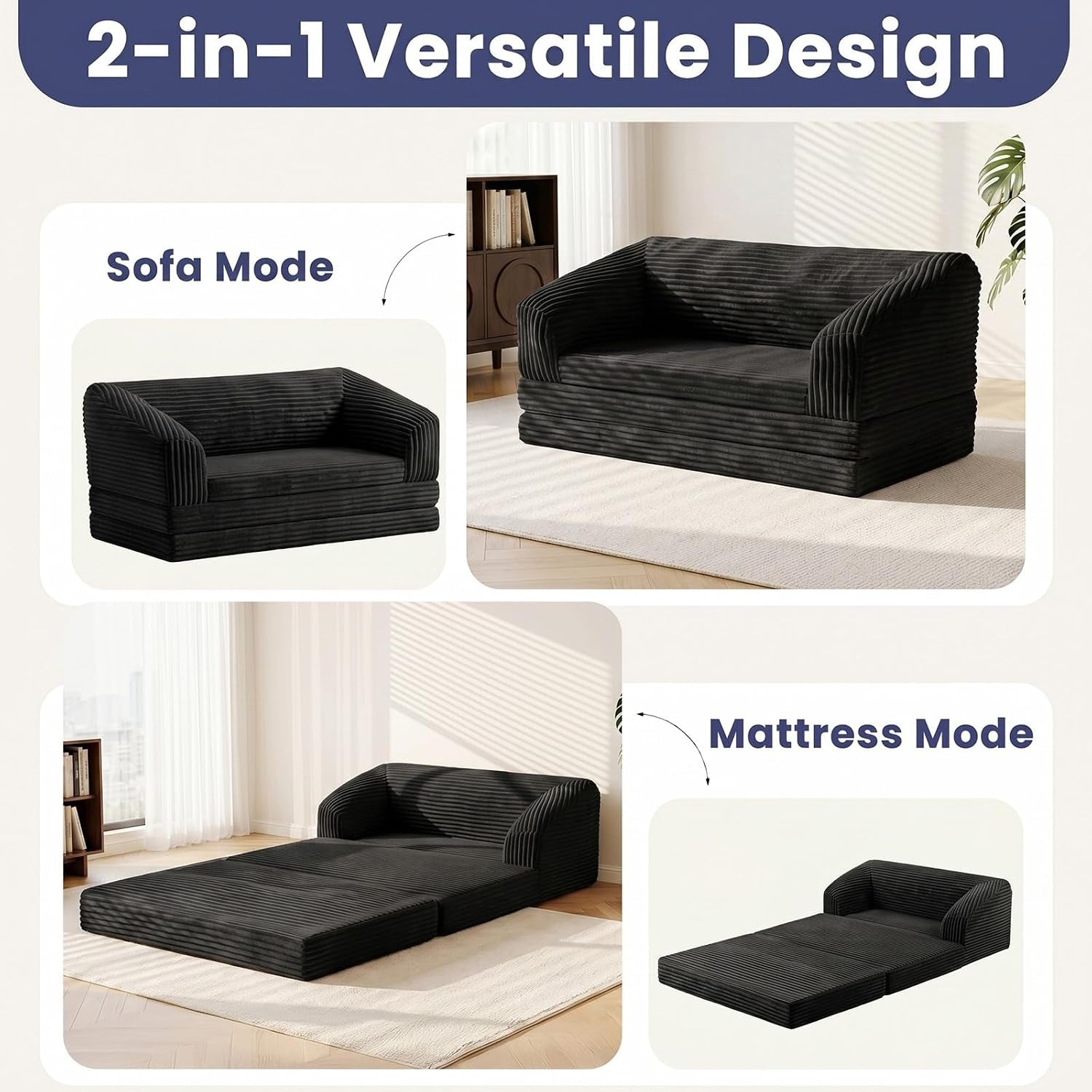 Grid of images showing sofa mode and mattress mode of the black corduroy foldable sofa
