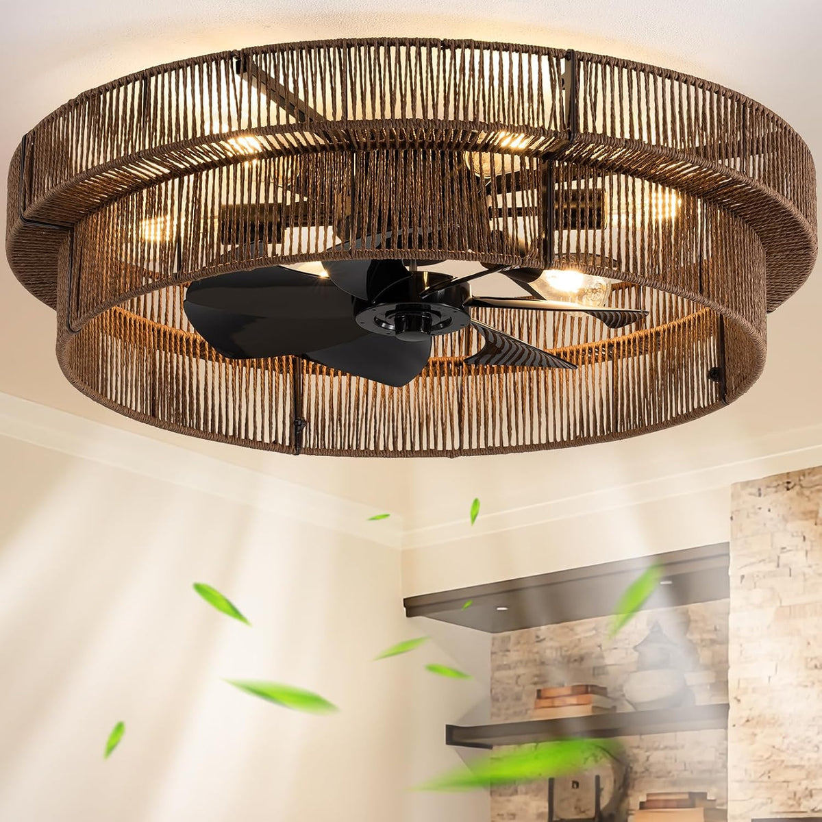 Angled underside shot of a dark brown woven cage showing black fan blades and glowing bulbs.