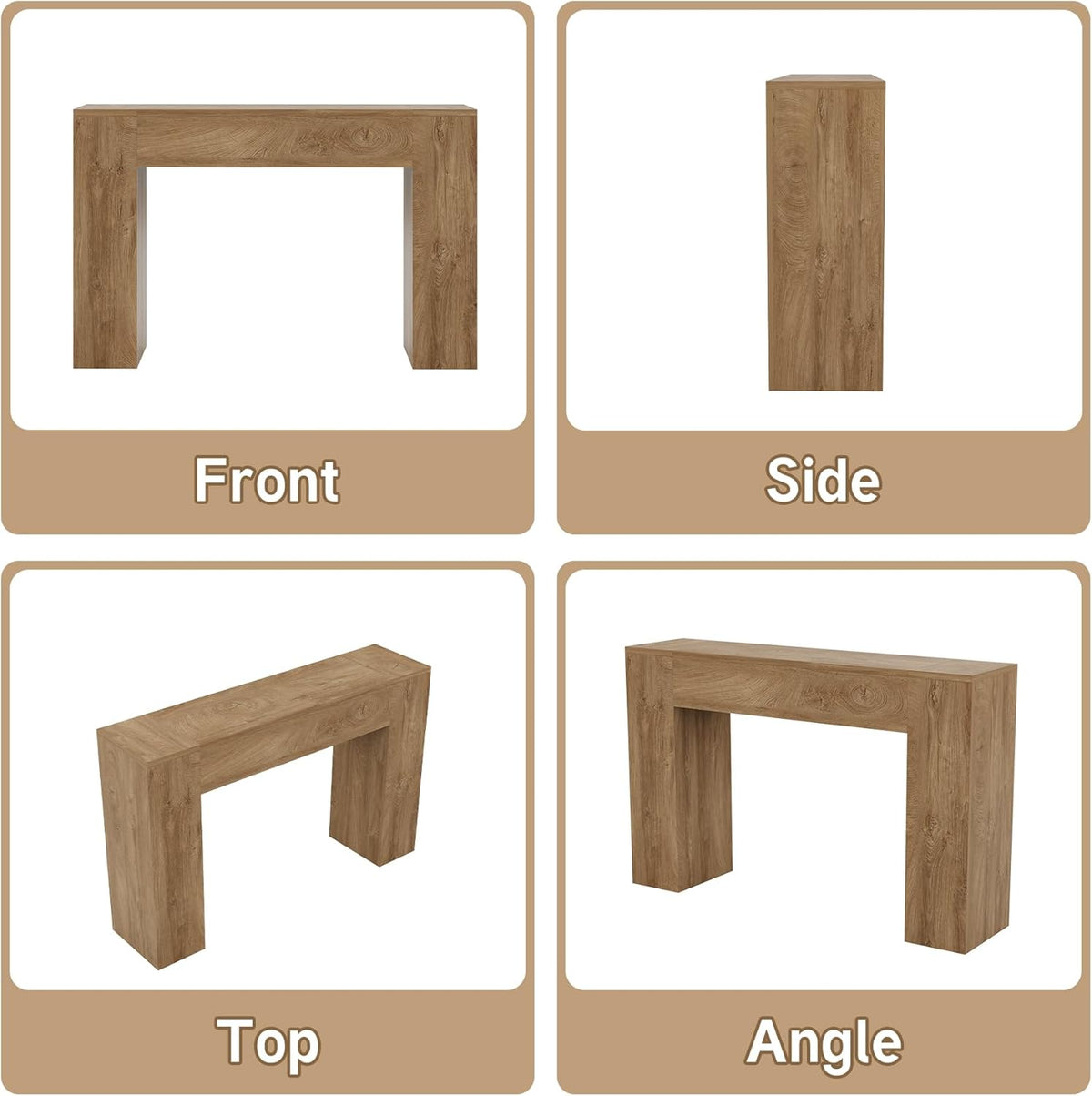 Four-panel product views showing front, side, top and angled perspectives of the light oak console table