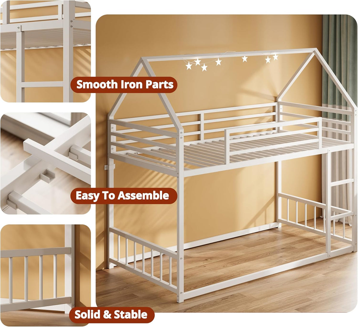 White twin-over-twin house-style metal bunk bed shown in a room with ladder and close-up insets of joints and rails.