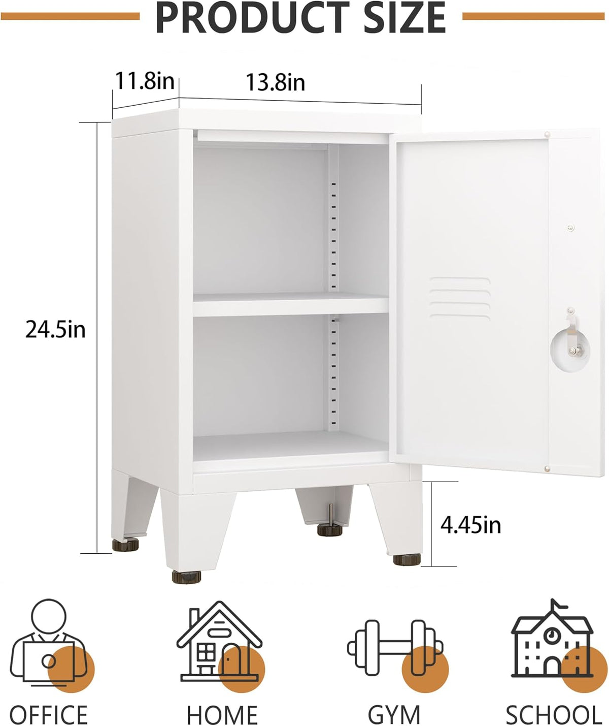 Graphic diagram of the locker showing interior shelf, dimensions and usage icons