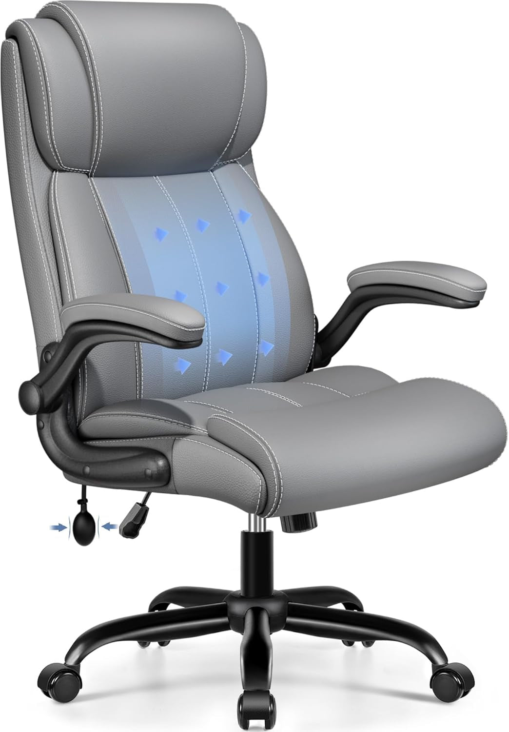 Gray PU leather chair close-up, angled front showing lumbar area with blue directional arrows.