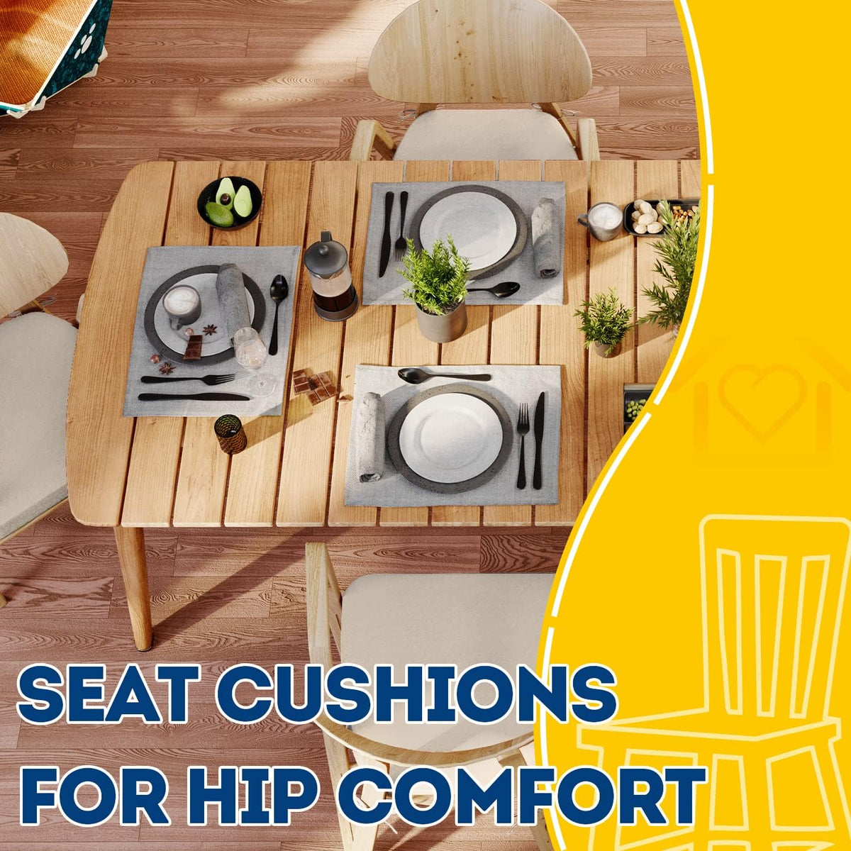Top-down view of a set table and chairs with oatmeal beige seat cushions tied to the wooden chairs.
