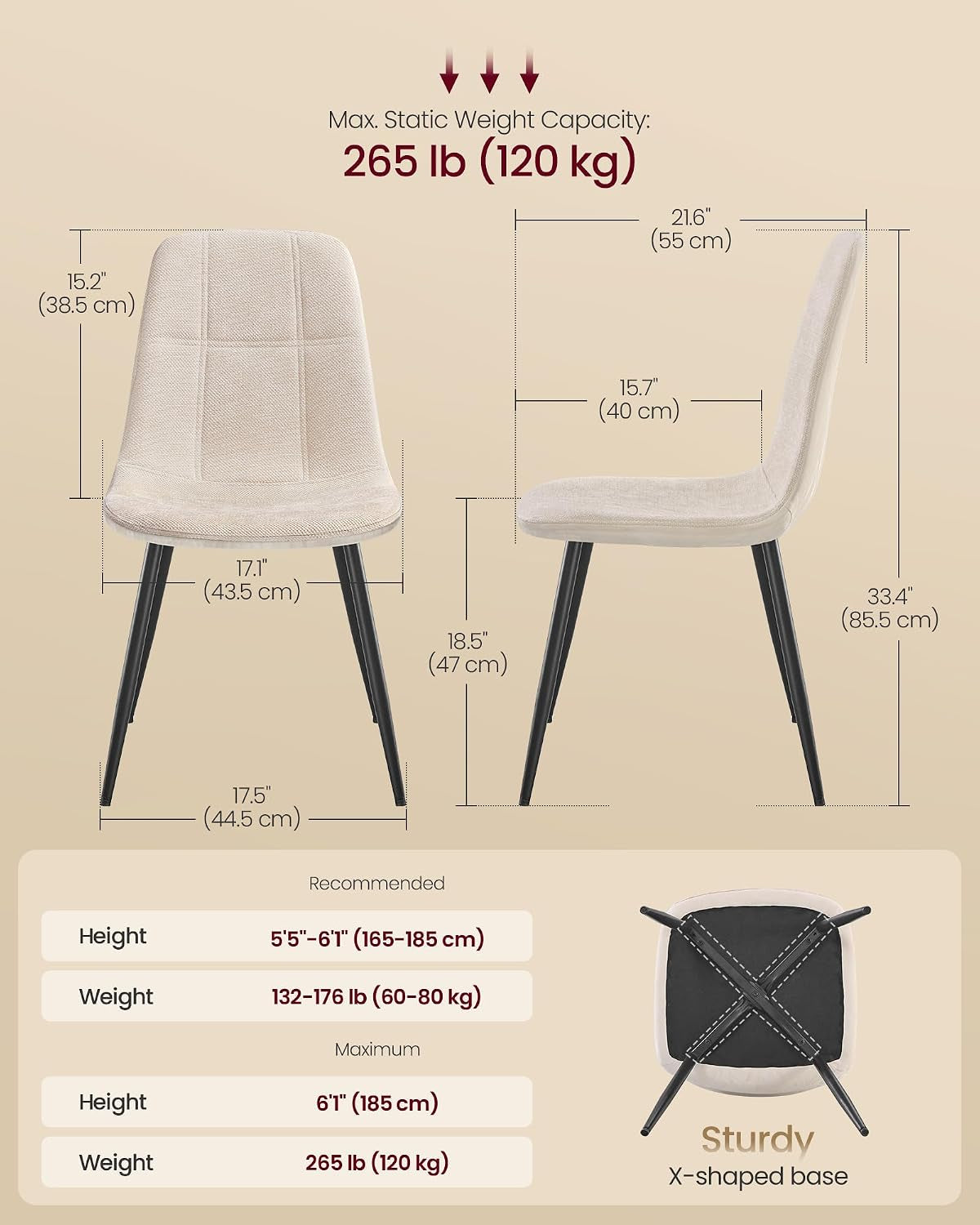 Dimension diagram showing front and side chair illustrations with measurements and max static weight capacity callout