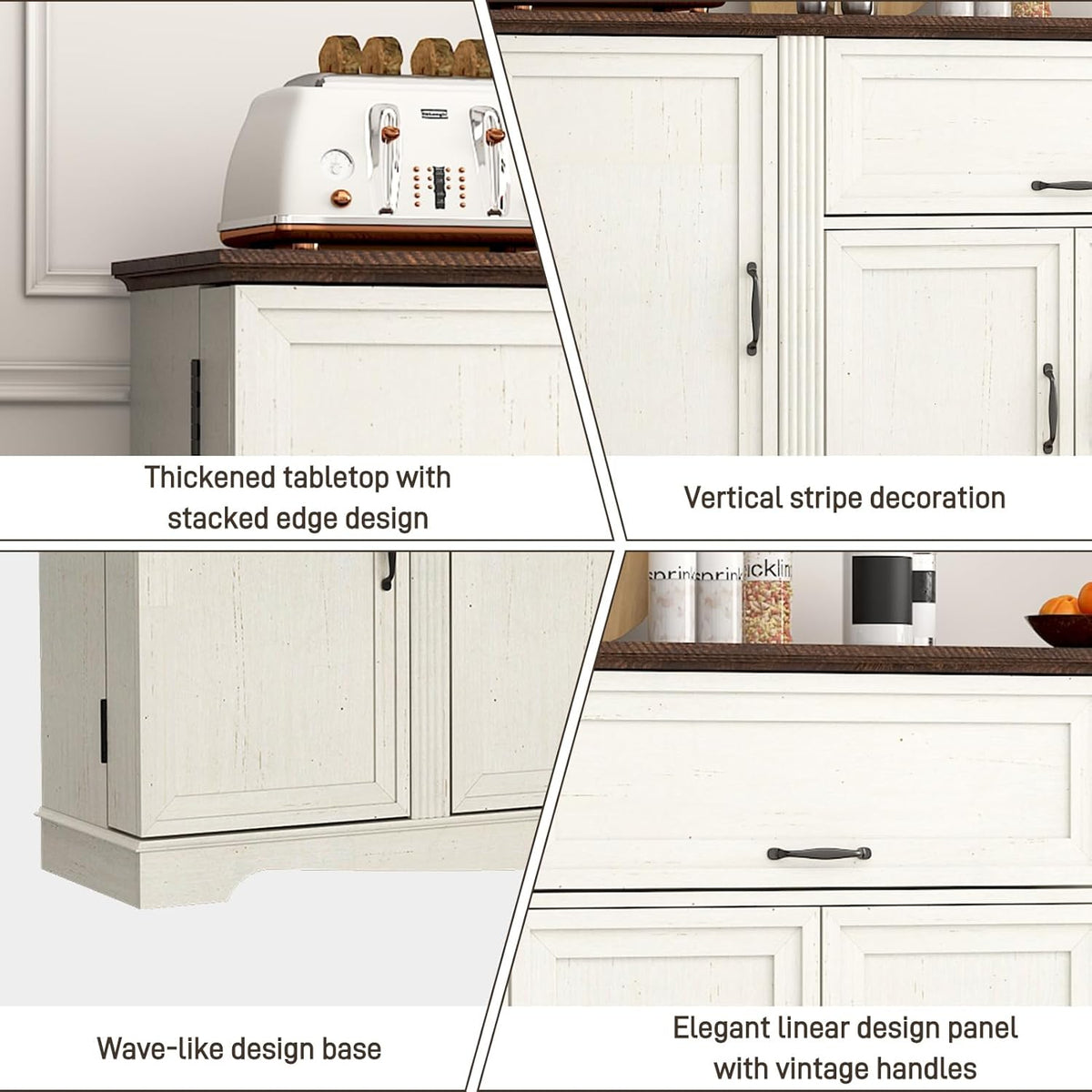 Detail collage showing thickened tabletop edge, vertical stripe decoration, wave-like base and vintage handles