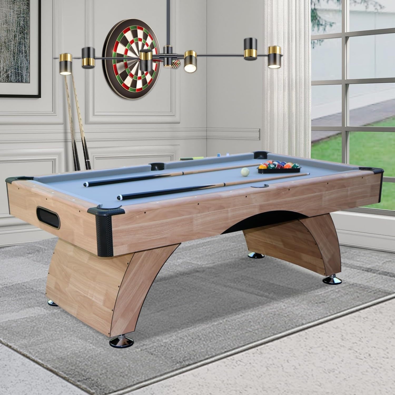 Light-wood finish 7 ft pool table angled front view with grey-blue felt in a bright room