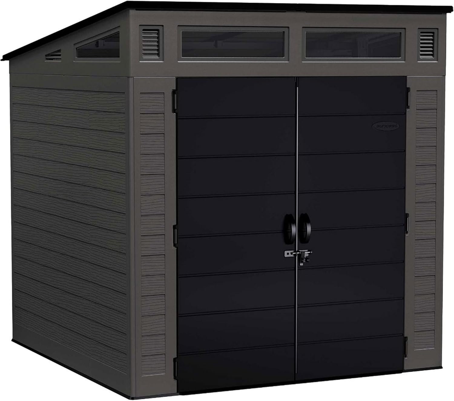 Dark gray resin storage shed front view with black double doors and clerestory windows visible at the top