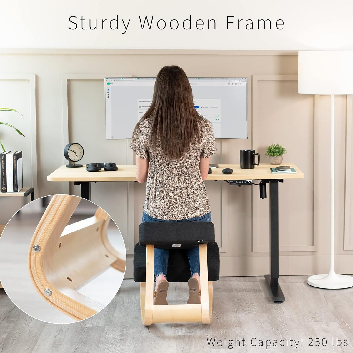 Rear view of a woman seated on the kneeling chair, inset close-up shows the curved layered wooden frame