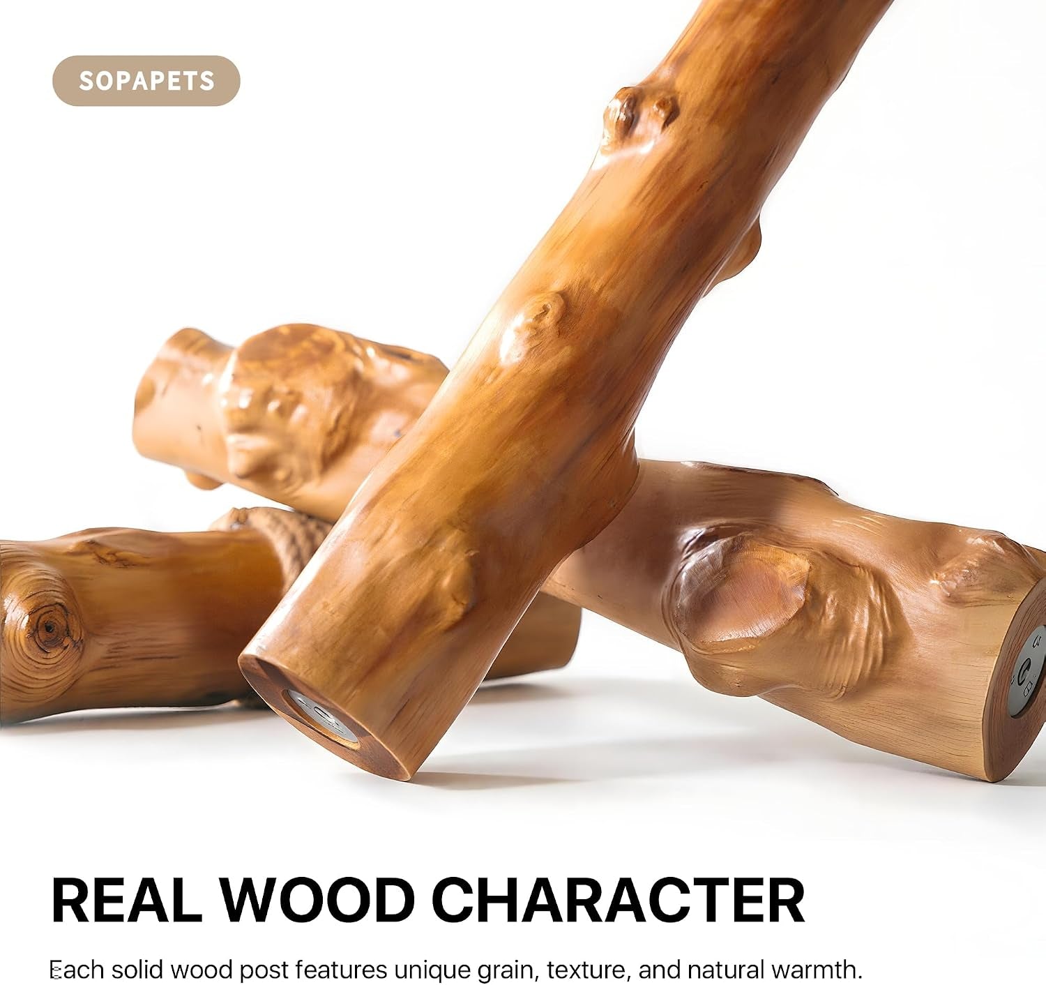 Detail close-up of polished real wood support posts showing natural grain and knots.