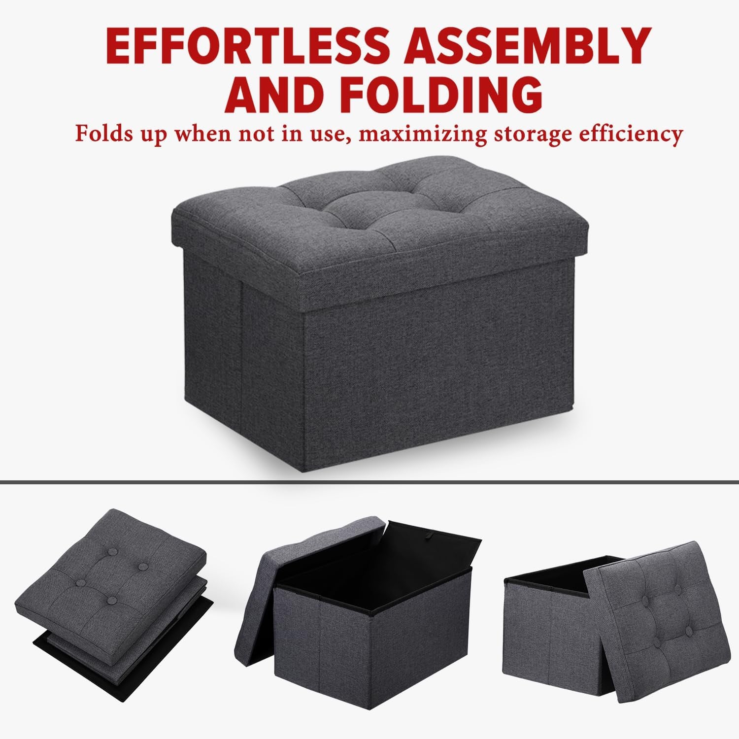 Dark gray ottoman shown folded, with lid removed and internal storage compartment visible
