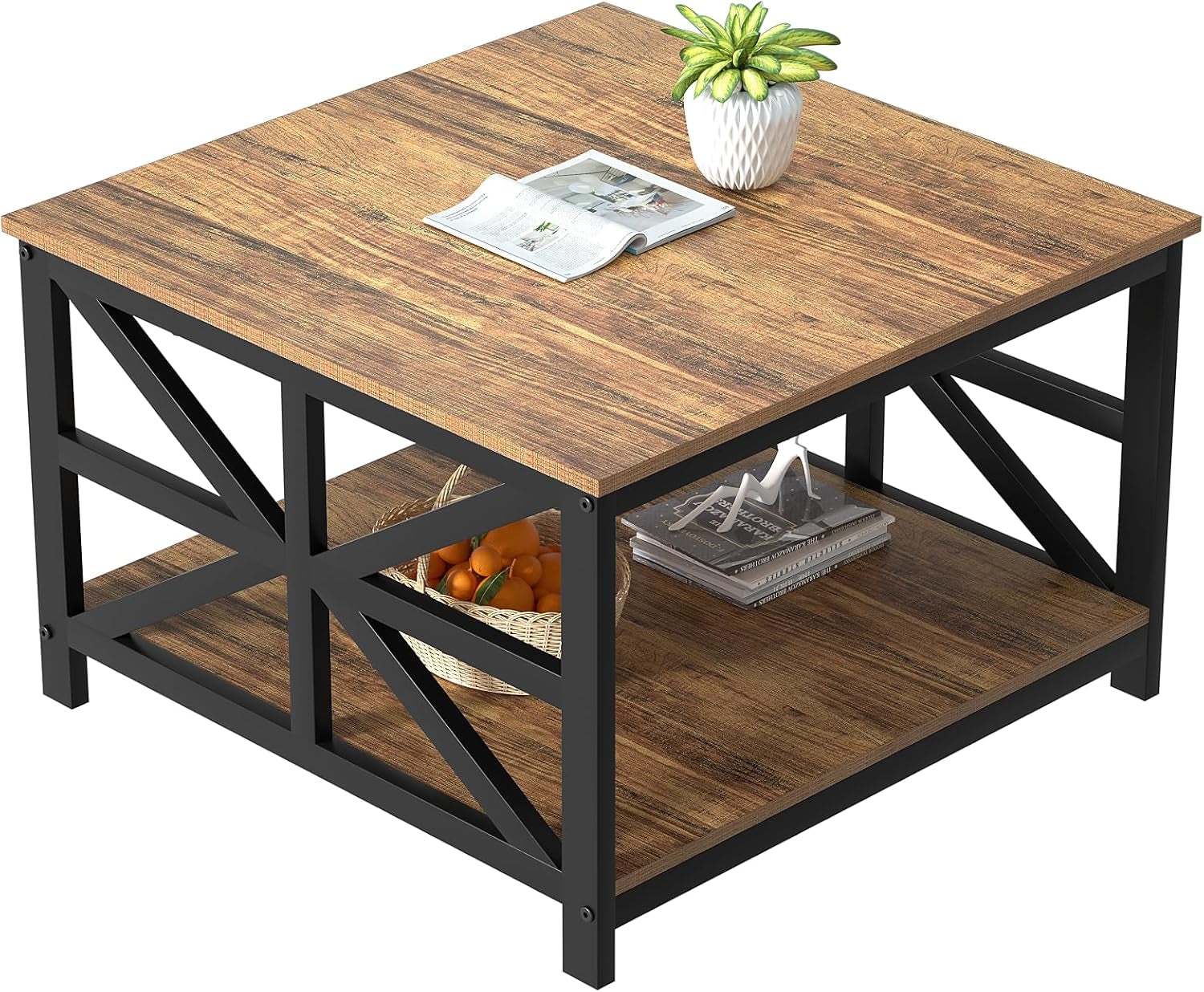 Angled studio view of square coffee table showing corner metal supports, lower shelf with books and fruit basket.
