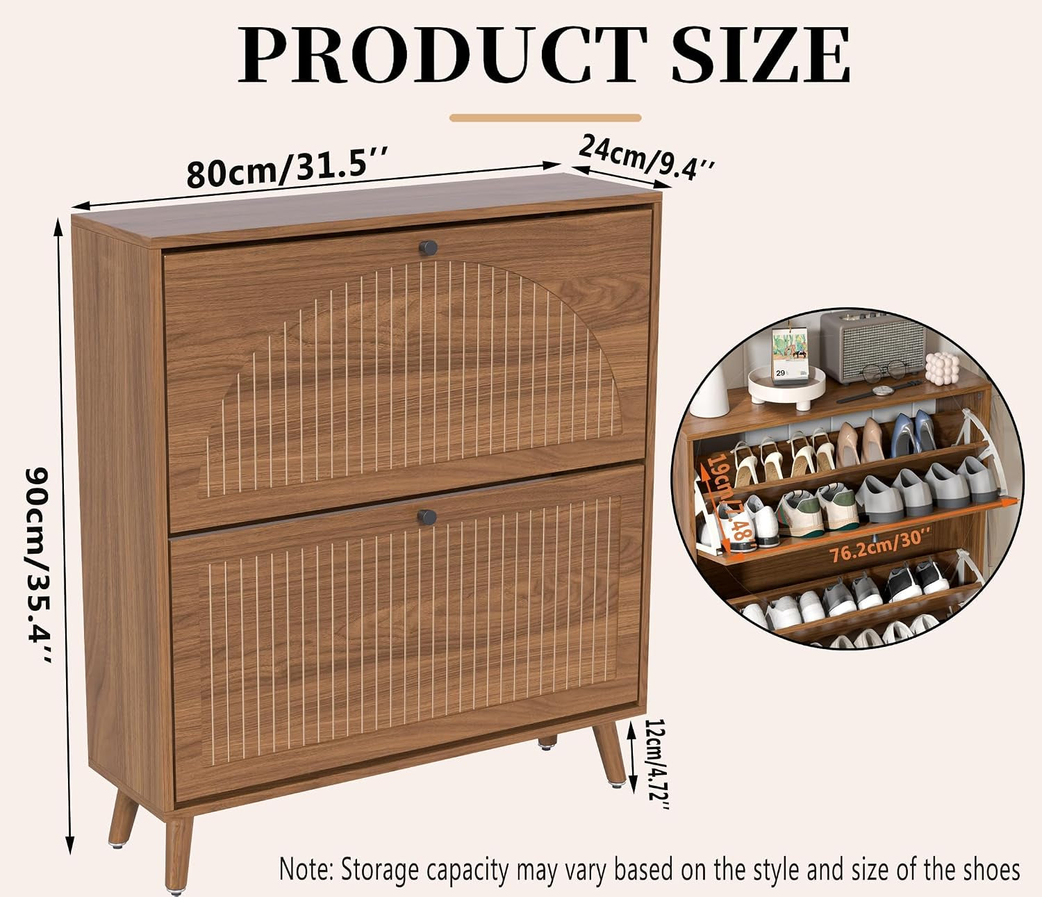 Angled product diagram showing cabinet dimensions with a circular inset of internal shoe shelves.