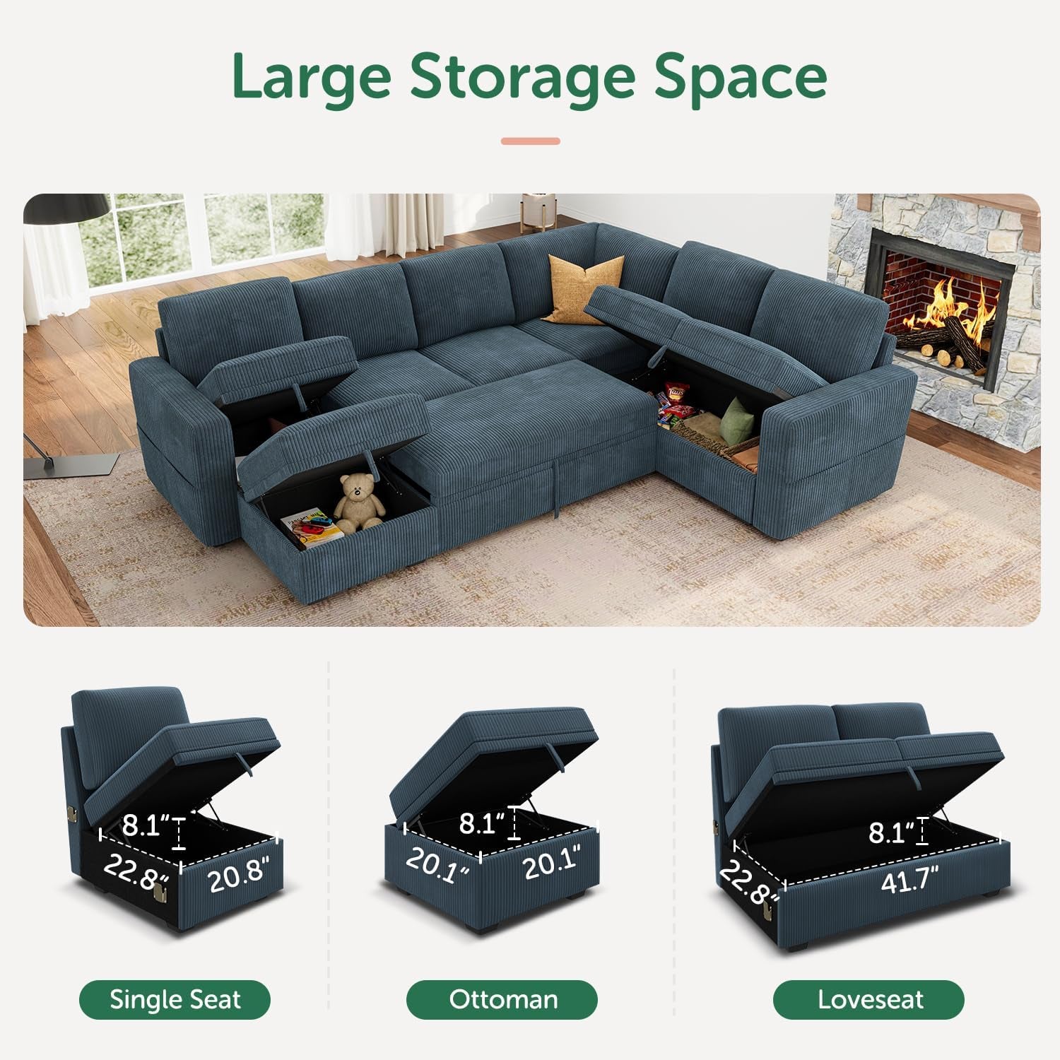 Modular Sectional Sleeper Sofa, Corduroy Sleeper Pull-Out Bed Couch with Storage, U Shaped Sectional Couches for Living Room, Blue