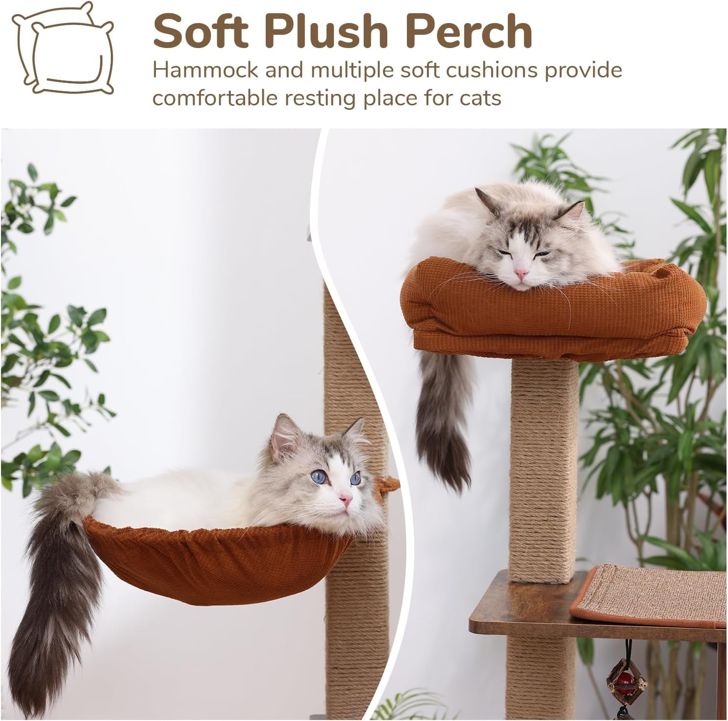 Split view showing a cat resting in a brown fabric hammock and another cat on a plush top perch with cushions visible