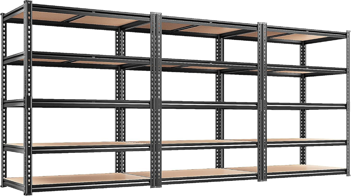 Three-section black metal shelving unit shown at a slight angle with wood panels in each shelf.