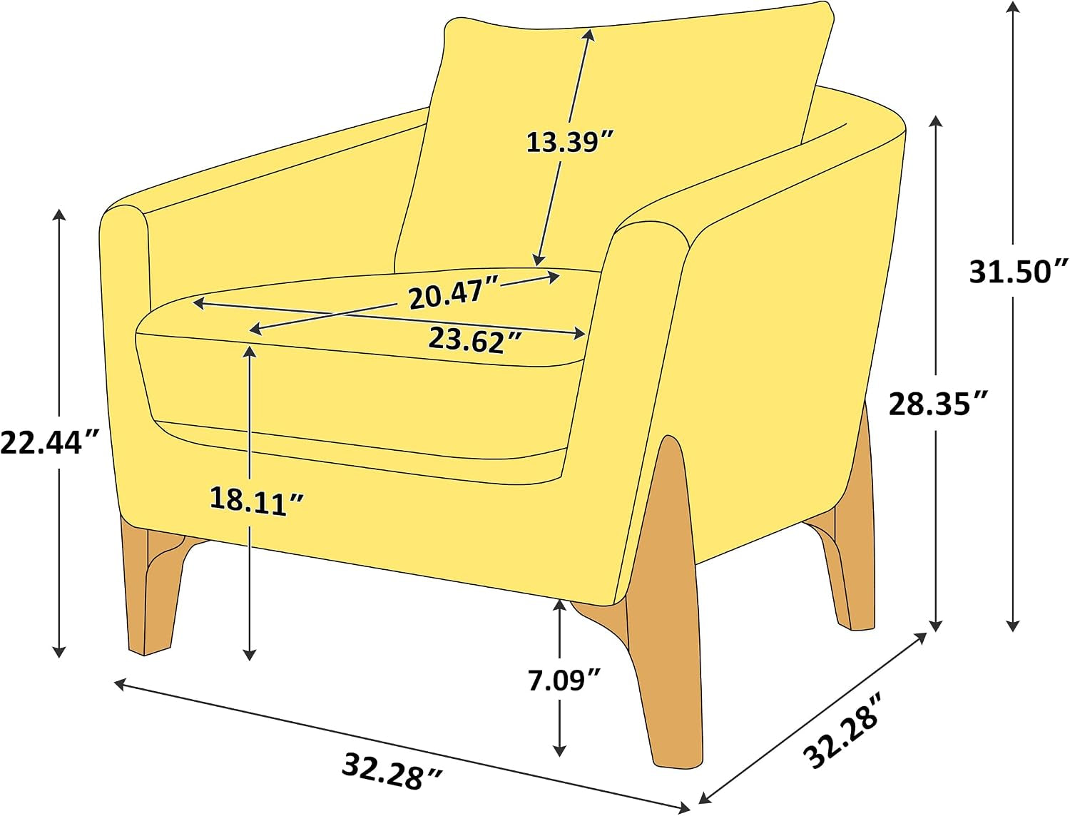Dimension diagram showing overall and seat measurements for the accent chair