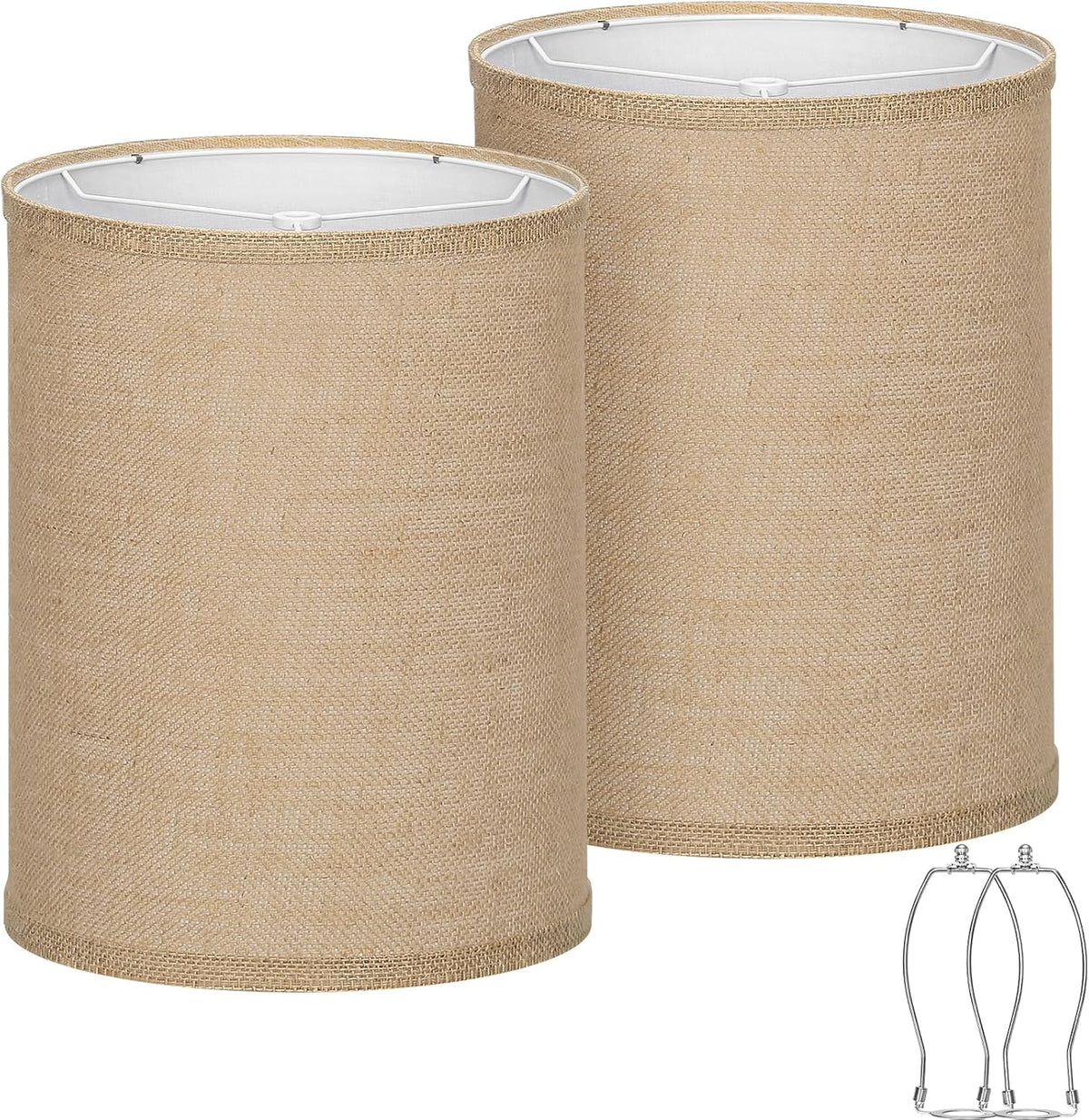 Close cropped front view of two beige drum lampshades showing coarse woven texture and top rims