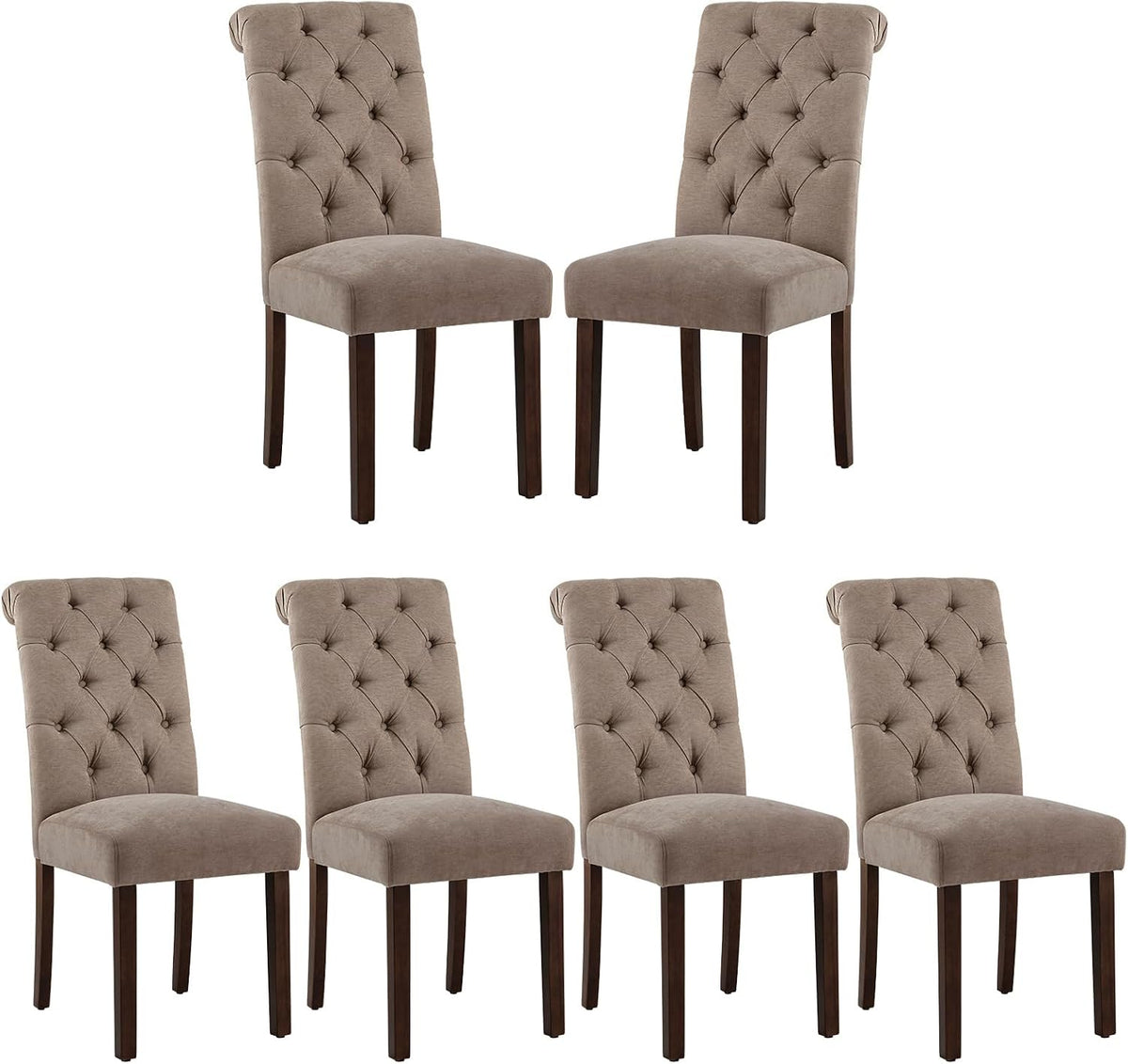 Six taupe tufted dining chairs arranged in two rows to show a six-piece set