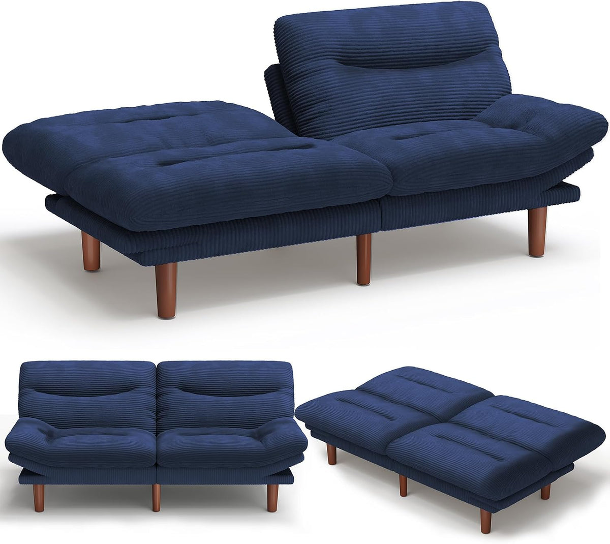 Blue futon sofa shown on white background in sofa and flat bed positions