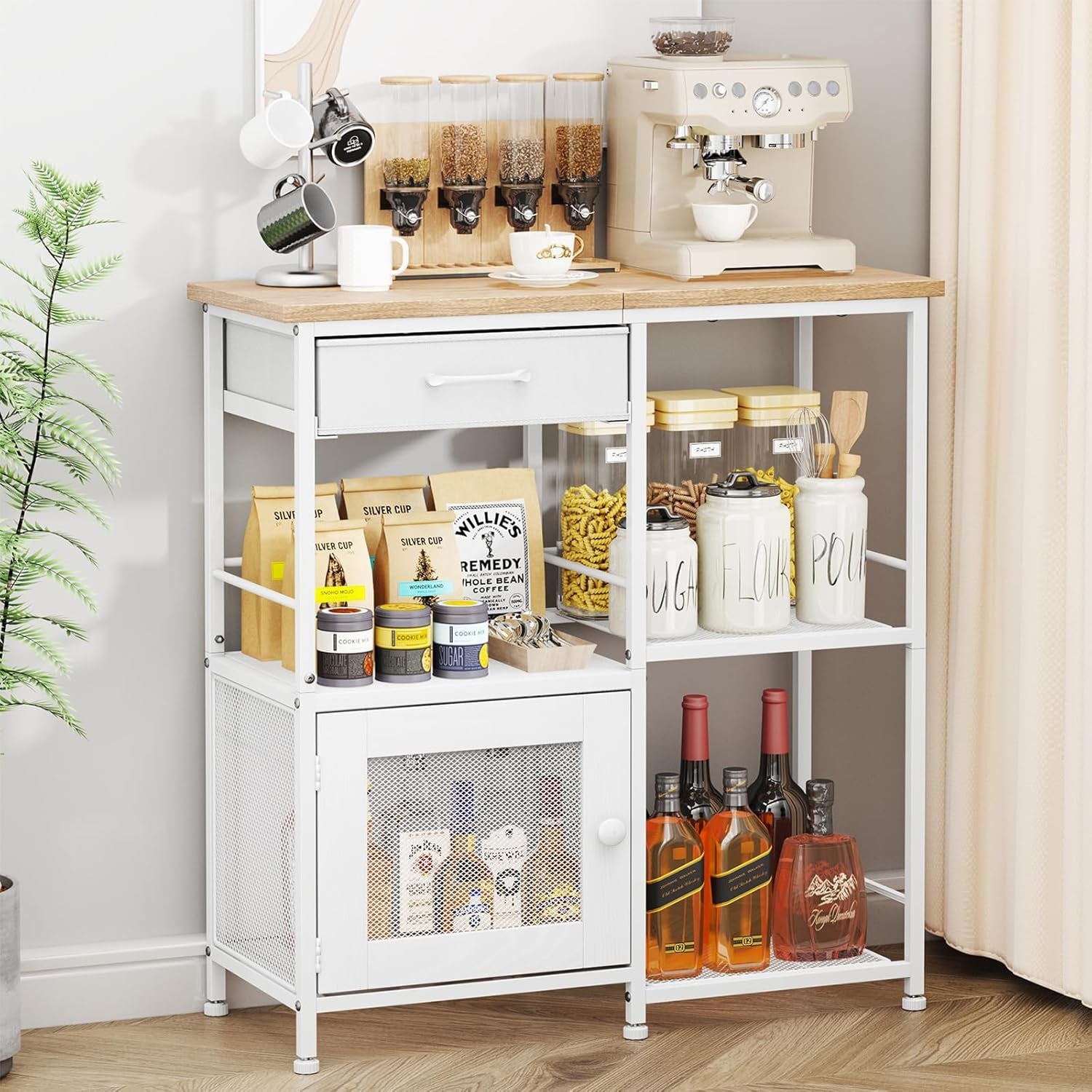 White metal and wood sideboard with wooden top, drawer, mesh door and open shelves staged with jars and bottles