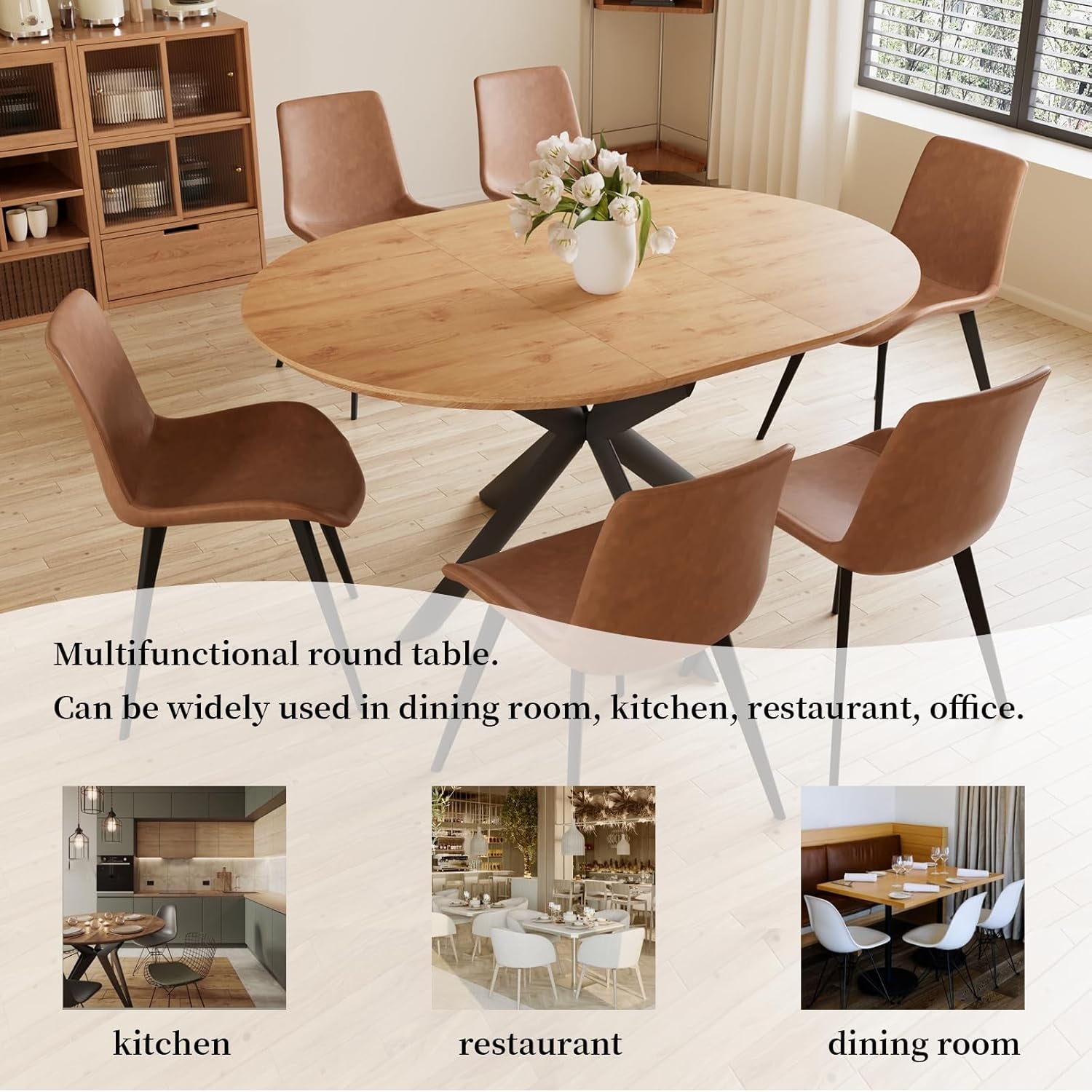 Expanded oak woodgrain round table with six brown PU chairs in a dining room setting, overhead perspective