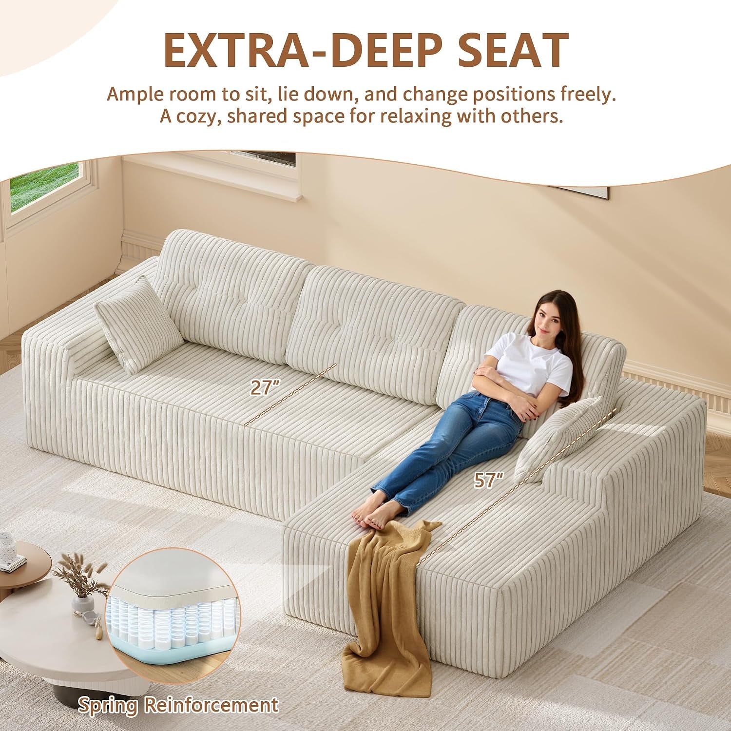 106" L-Shaped Modular Sectional Sofa, Boneless Cloud Couch | with Deep Seat, Corduroy Fabric, 18" Seat Height, 32D Foam & Pocket Spring Support, Right Facing Chaise for Living Room