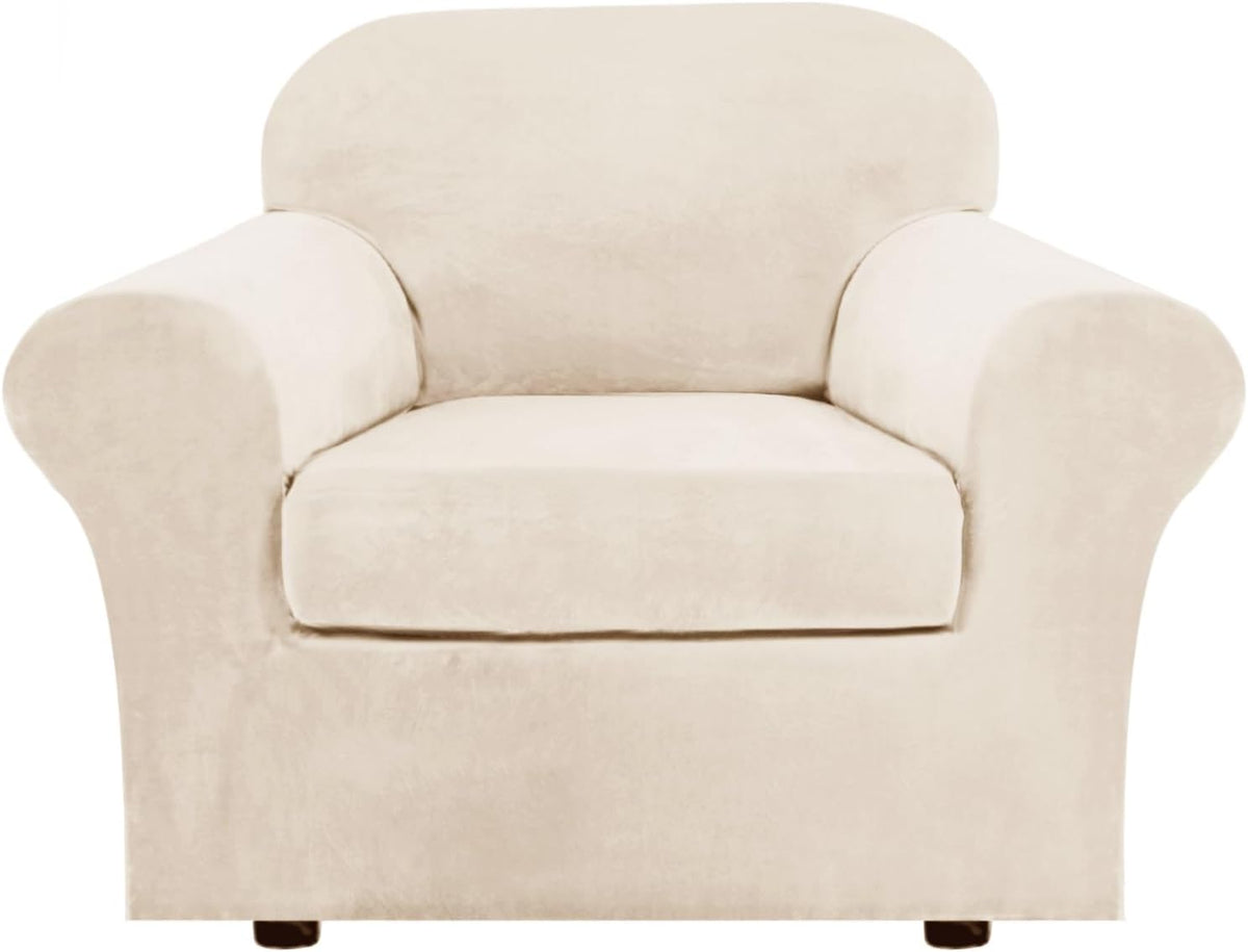 Front-facing single-seat armchair in a pale ivory slipcover showing rounded arms and a fitted cushion
