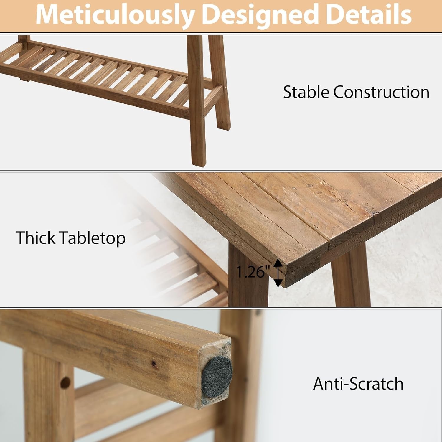 Triptych detail panel showing the slatted lower shelf, a close-up of the tabletop edge and a leg end with a round felt