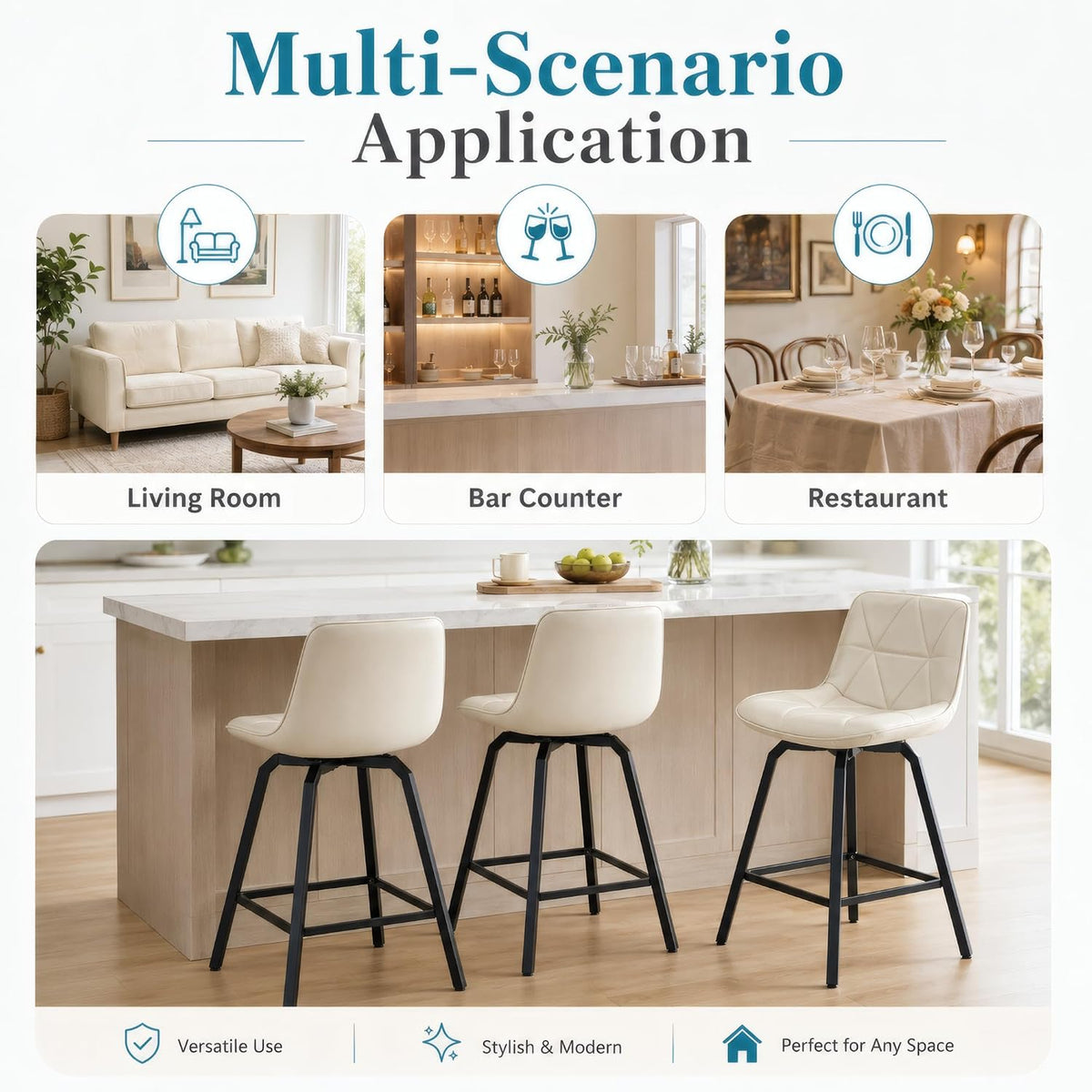 Three white counter stools tucked at a light wood island beneath icons labeled living room, bar counter and restaurant.