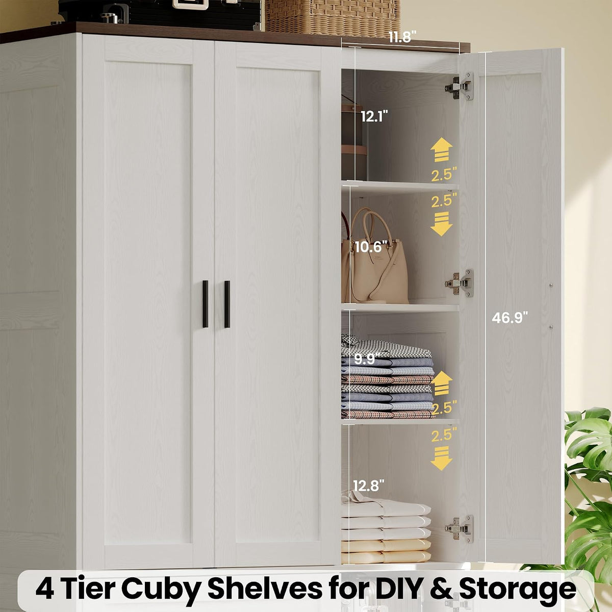 Two open drawers and metal clothes hanger rod visible against white finish with black pulls